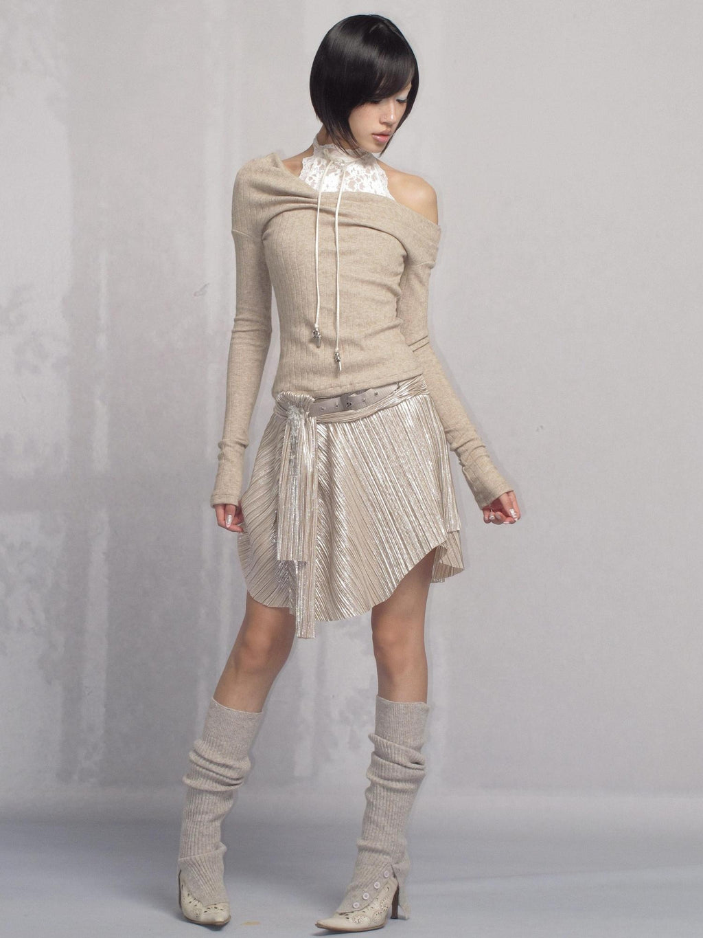 OPEN AESTHETIC High Stretch Pleated A Line Low Waist Tie Casual Champagne Midi Skirts