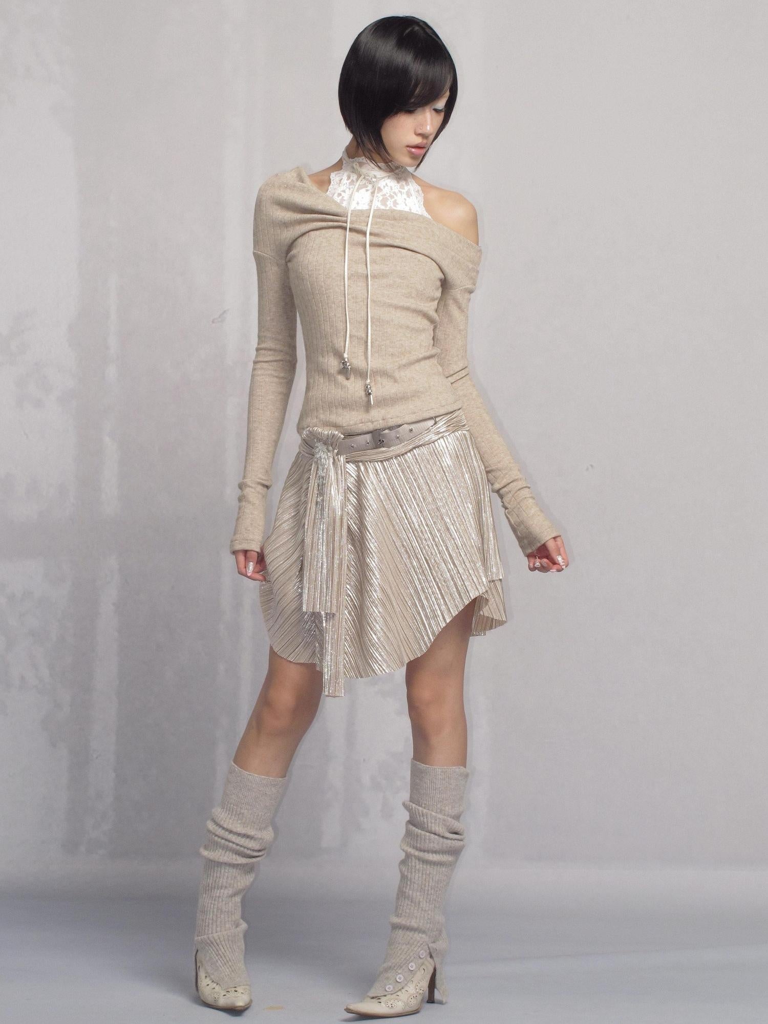 OPEN AESTHETIC High Stretch Pleated A Line Low Waist Tie Casual Champagne Midi Skirts
