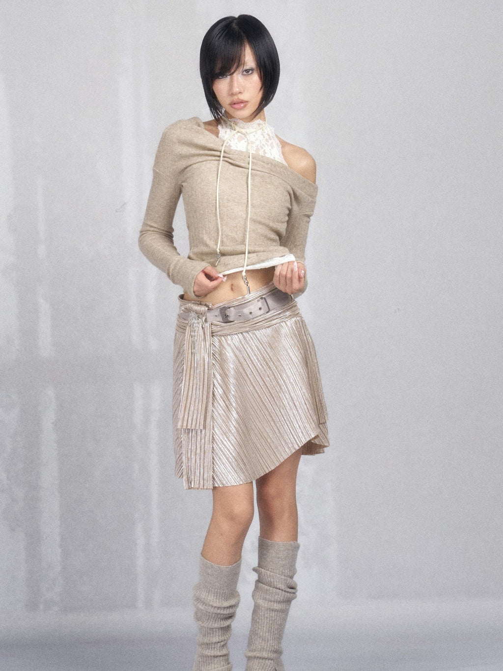 OPEN AESTHETIC High Stretch Pleated A Line Low Waist Tie Casual Champagne Midi Skirts
