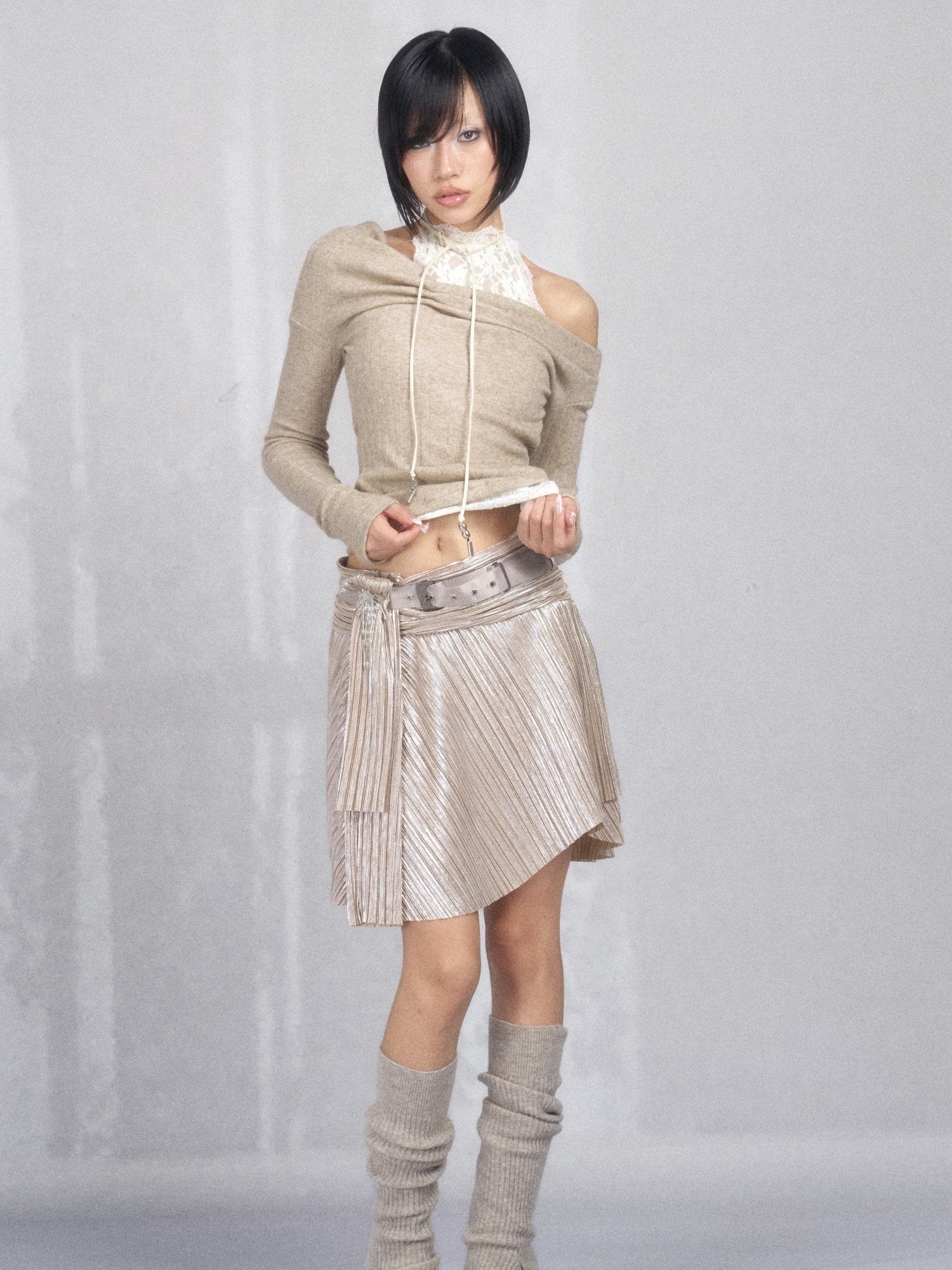 OPEN AESTHETIC High Stretch Pleated A Line Low Waist Tie Casual Champagne Midi Skirts