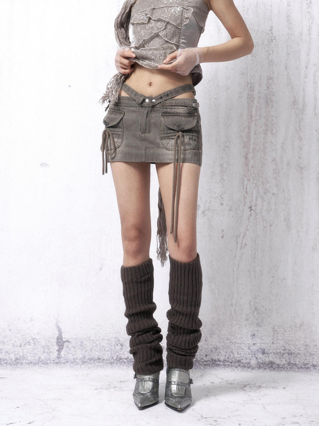OPEN AESTHETIC Low Rise Washed Pocket Vintage A Line Slim Fit Commuter Dating Skorts