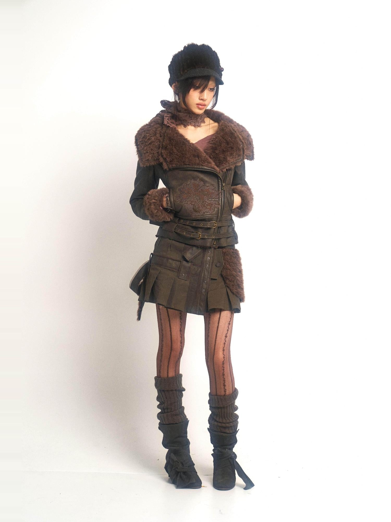 OPEN AESTHETIC Low Waist Asymmetric Patchwork Pleated A Line Olive Green Youth Mini Skirts