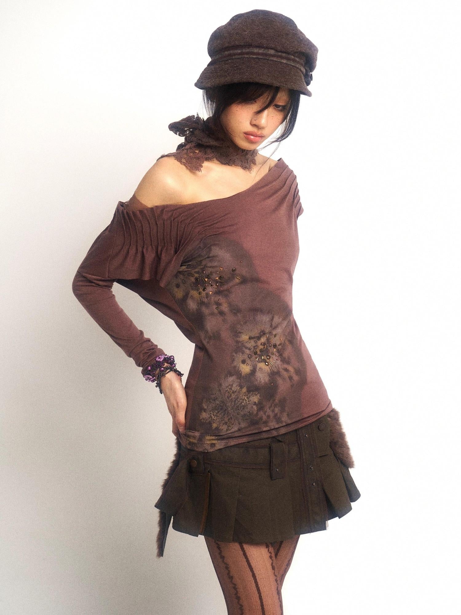 OPEN AESTHETIC Low Waist Asymmetric Patchwork Pleated A Line Olive Green Youth Mini Skirts