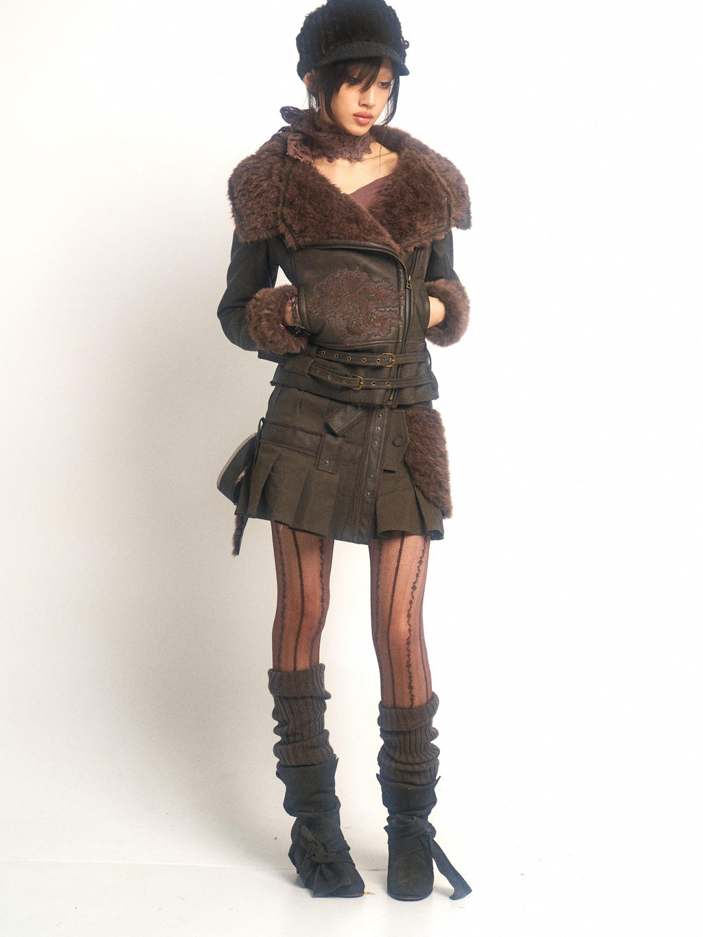 OPEN AESTHETIC Low Waist Asymmetric Patchwork Pleated A Line Olive Green Youth Mini Skirts