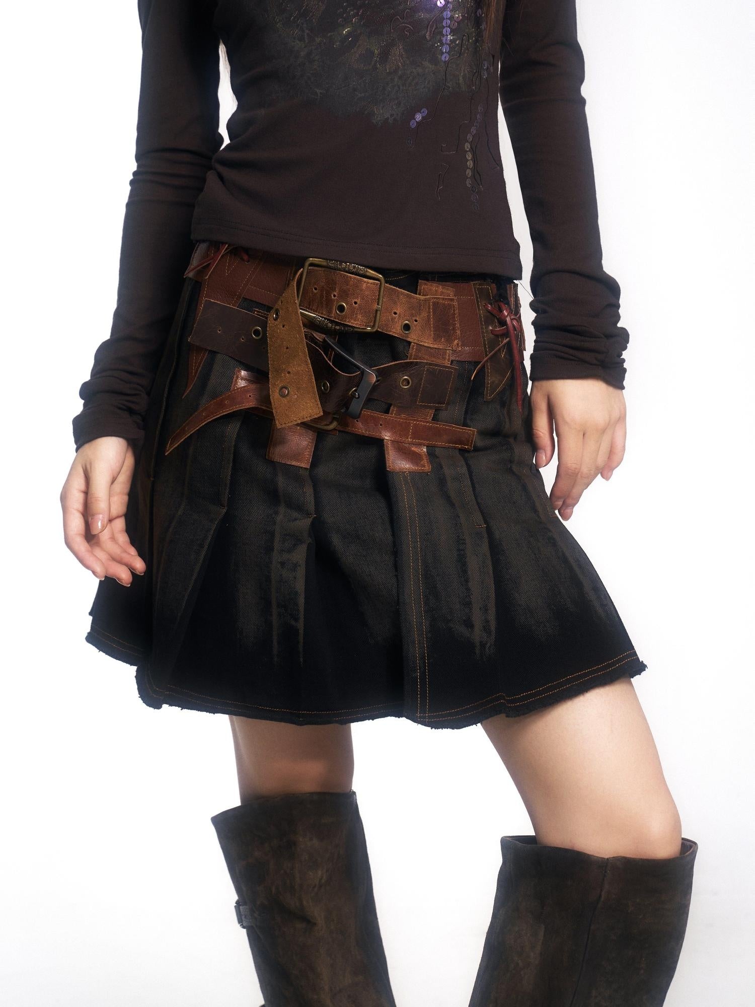 OPEN AESTHETIC Low Waist Distressed Washed Cowhide A Line Belted Vintage Mini Skirts
