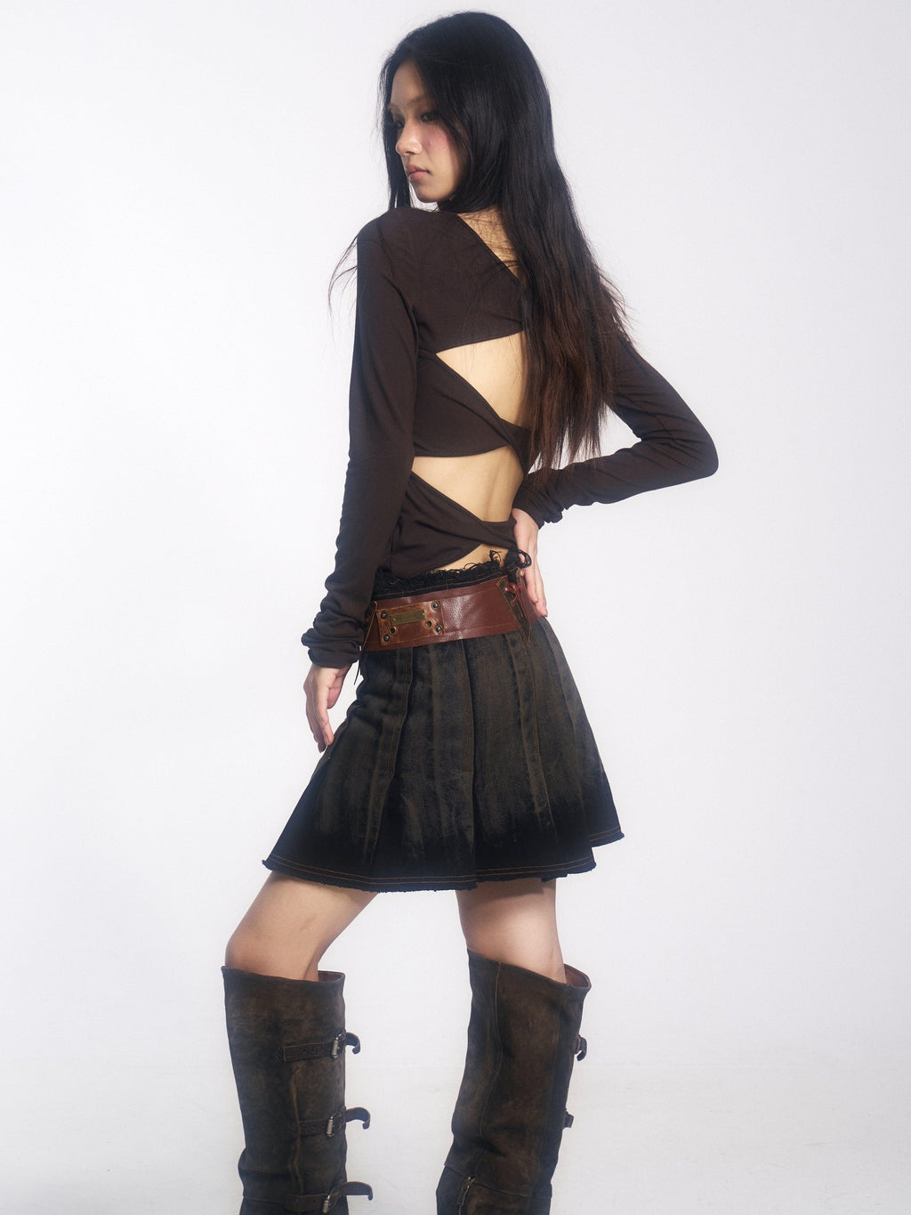 OPEN AESTHETIC Low Waist Distressed Washed Cowhide A Line Belted Vintage Mini Skirts