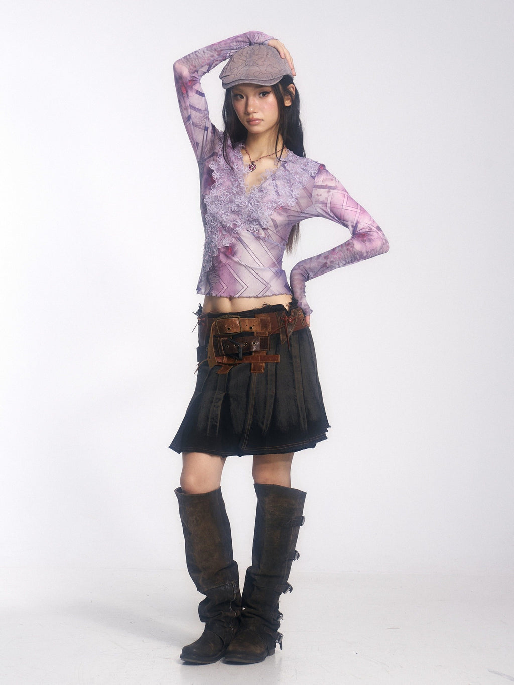 OPEN AESTHETIC Low Waist Distressed Washed Cowhide A Line Belted Vintage Mini Skirts