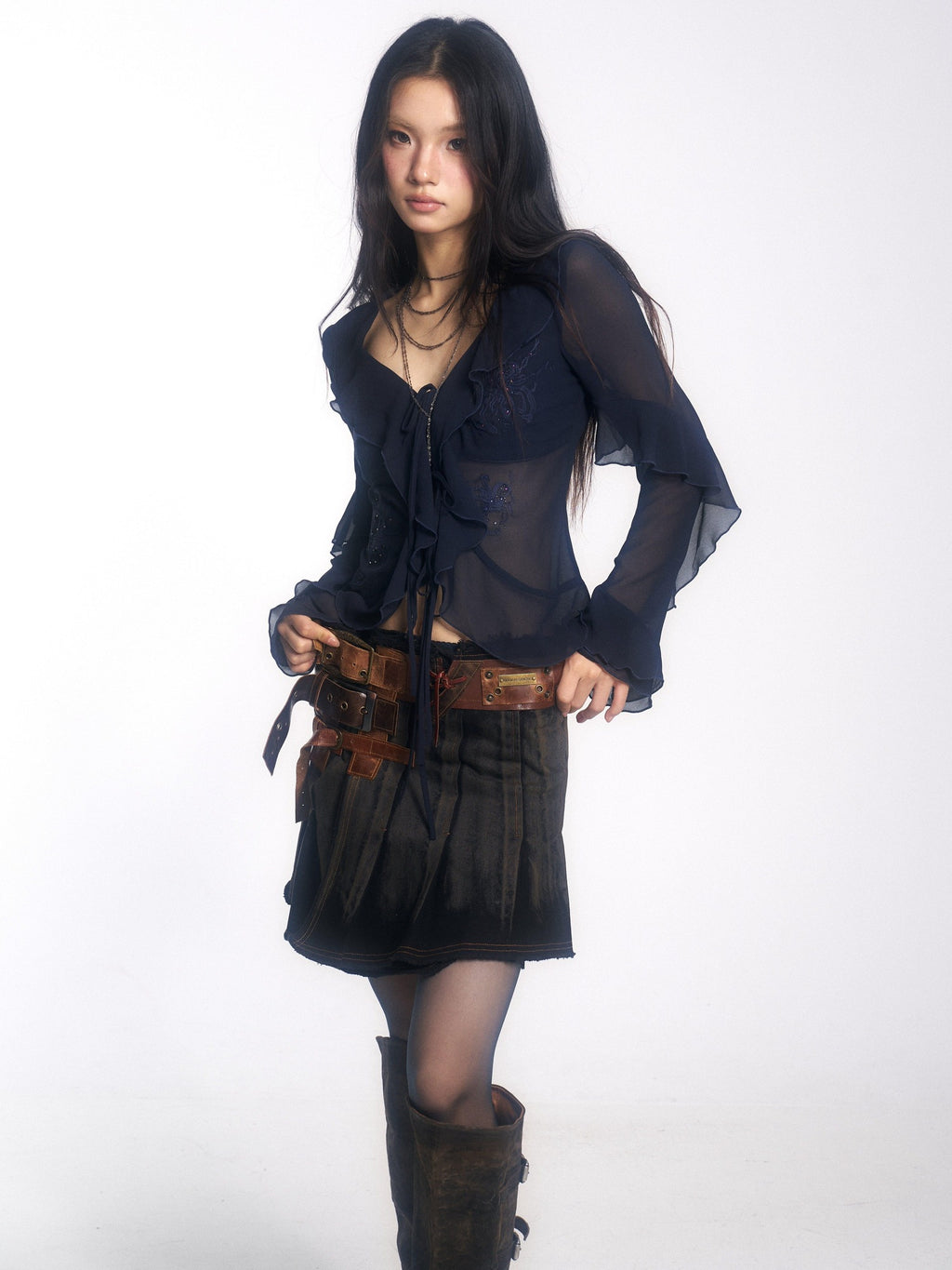 OPEN AESTHETIC Low Waist Distressed Washed Cowhide A Line Belted Vintage Mini Skirts