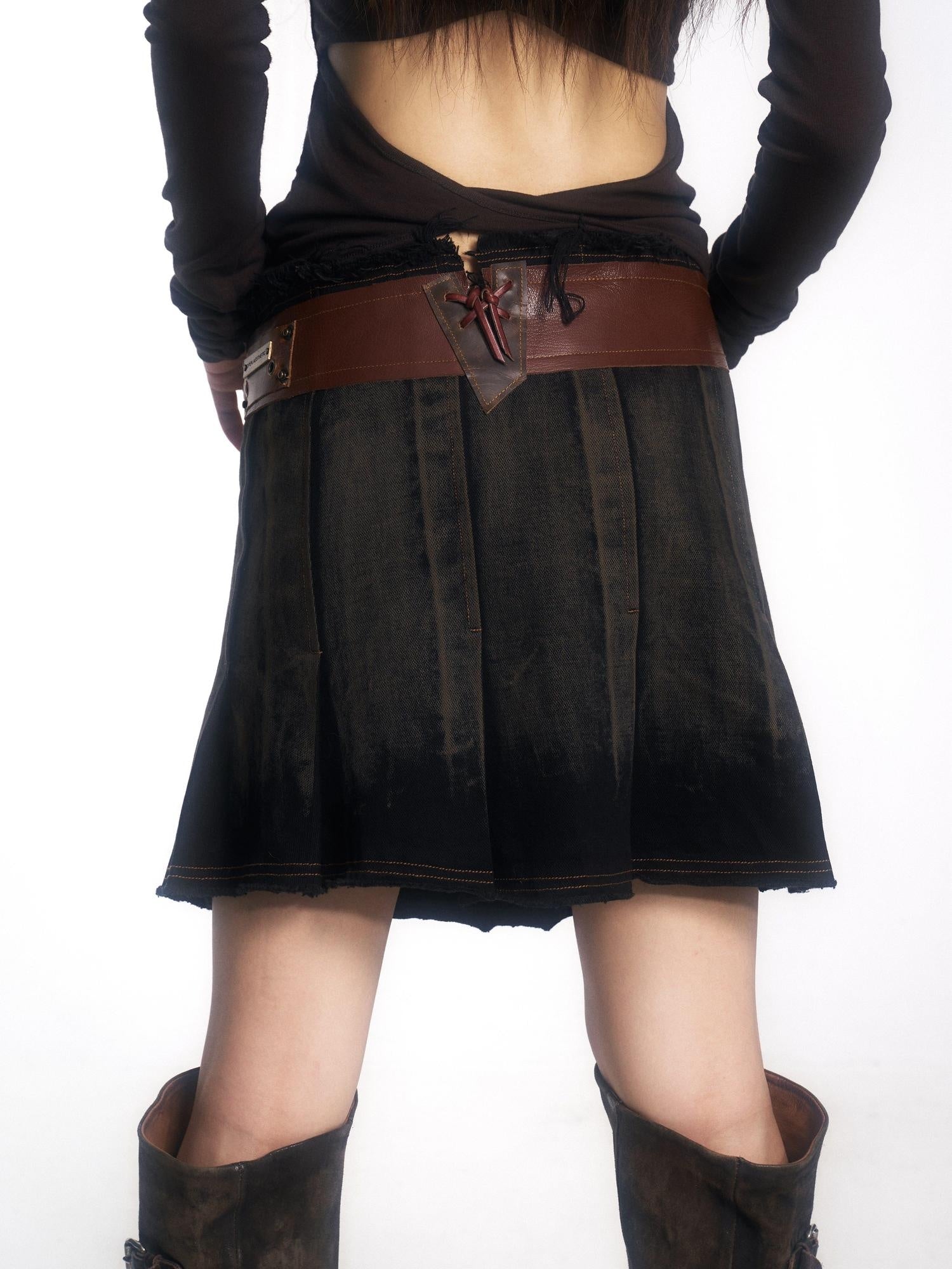 OPEN AESTHETIC Low Waist Distressed Washed Cowhide A Line Belted Vintage Mini Skirts