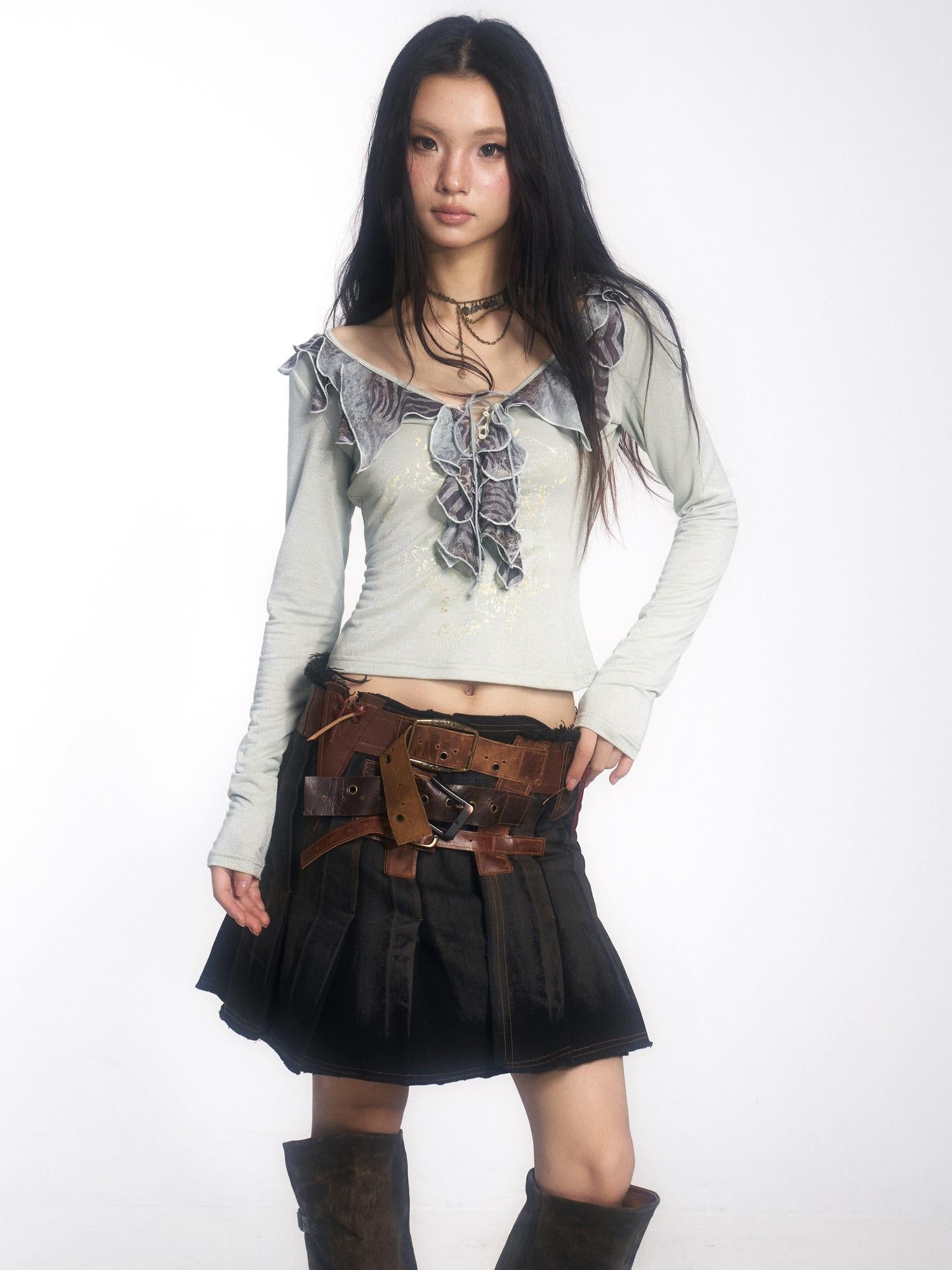 OPEN AESTHETIC Low Waist Distressed Washed Cowhide A Line Belted Vintage Mini Skirts