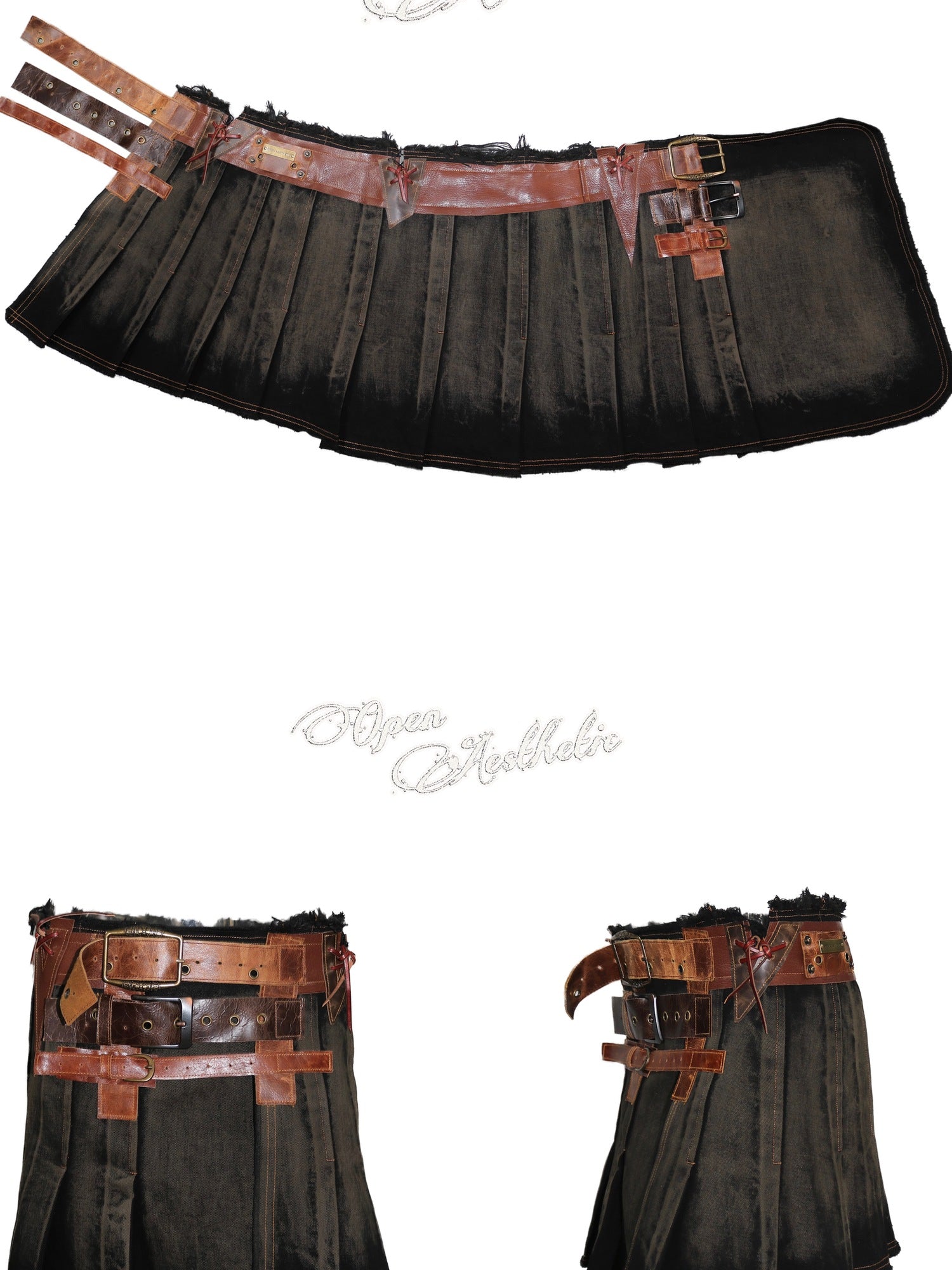 OPEN AESTHETIC Low Waist Distressed Washed Cowhide A Line Belted Vintage Mini Skirts