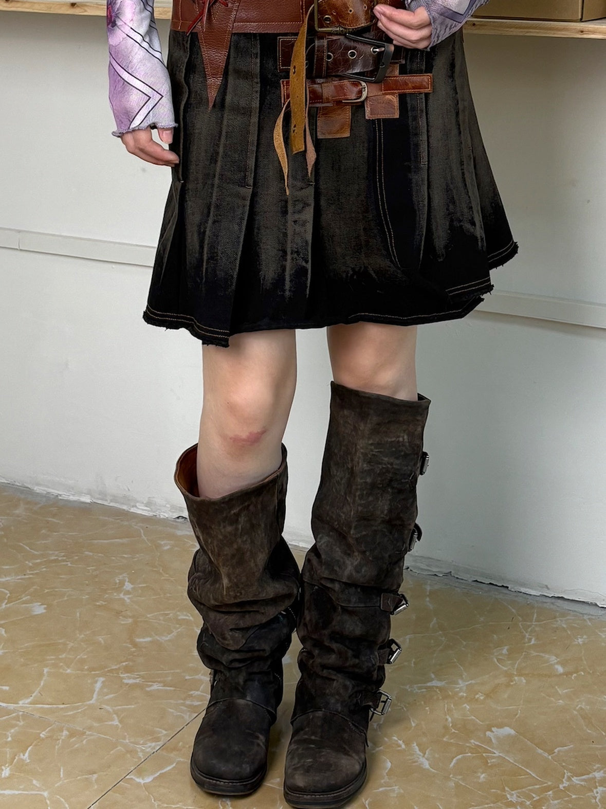 OPEN AESTHETIC Low Waist Distressed Washed Cowhide A Line Belted Vintage Mini Skirts