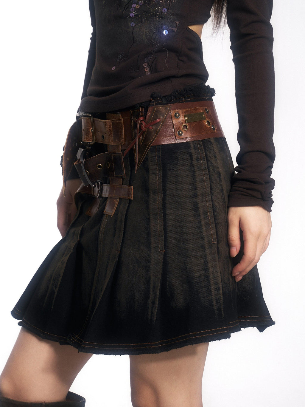 OPEN AESTHETIC Low Waist Distressed Washed Cowhide A Line Belted Vintage Mini Skirts