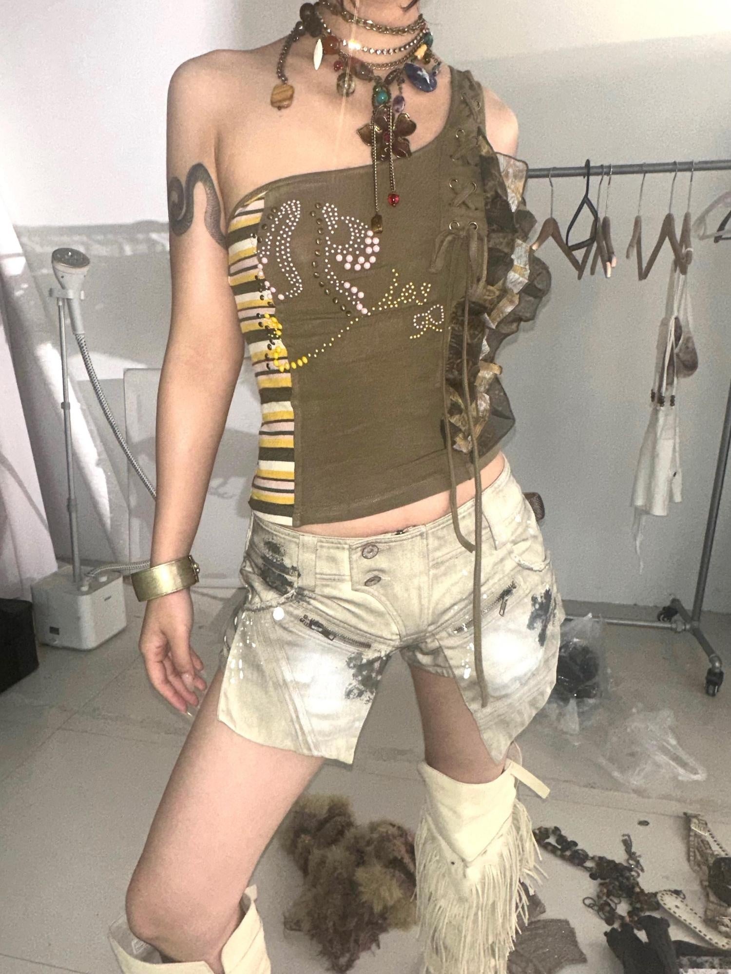 OPEN AESTHETIC Low Waist Light Gray Original Design Casual Regular Weight Slim Denim Shorts