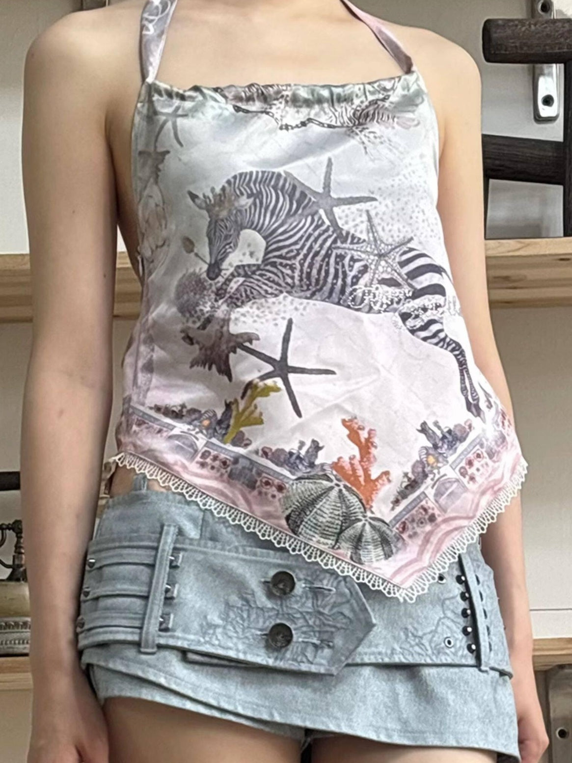 OPEN AESTHETIC Original Animal Print Halter Loose Crop White Youth Camisoles