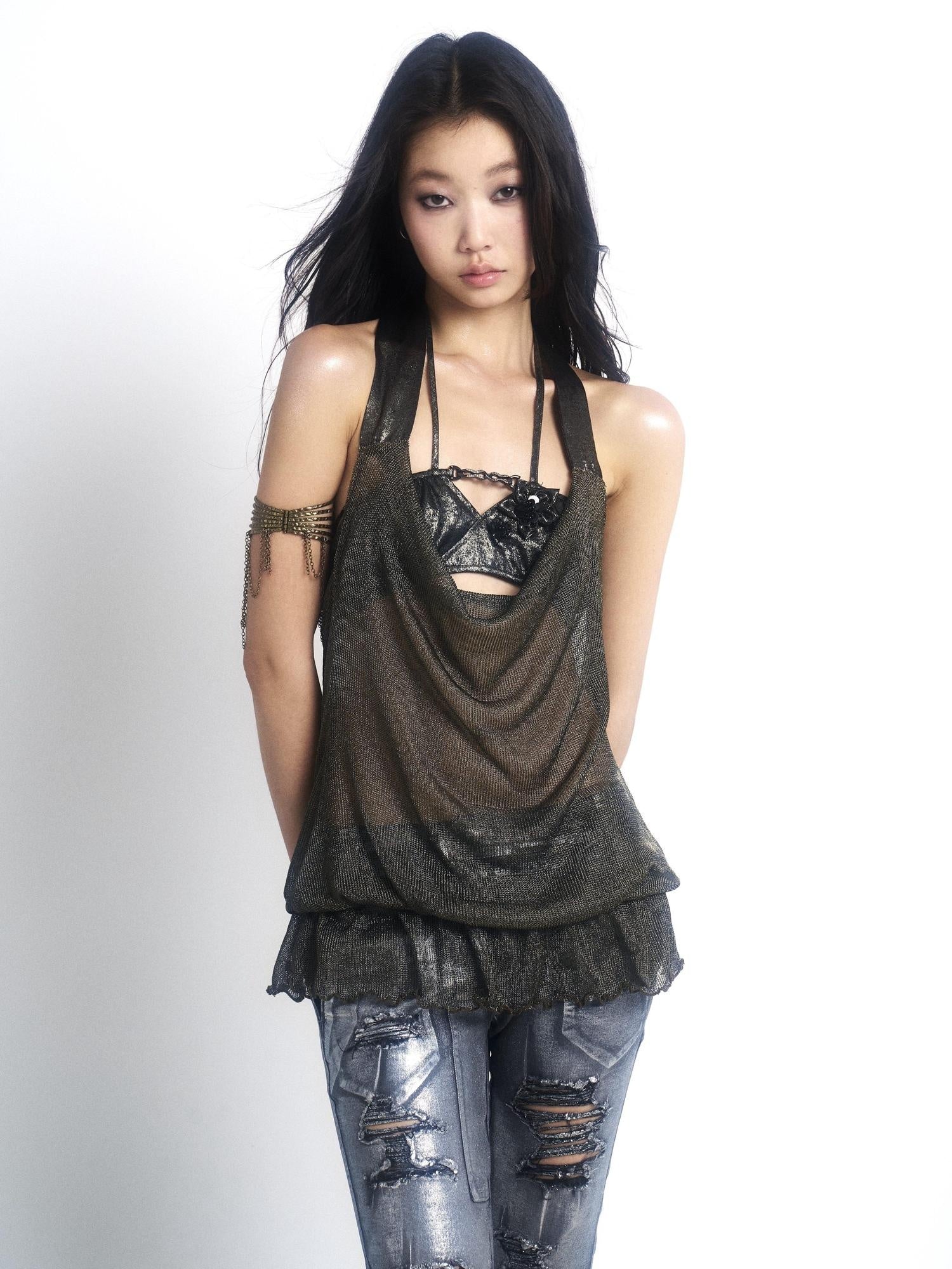OPEN AESTHETIC Original Design Cutout Halter Loose Two Piece Metallic Women Tank Tops