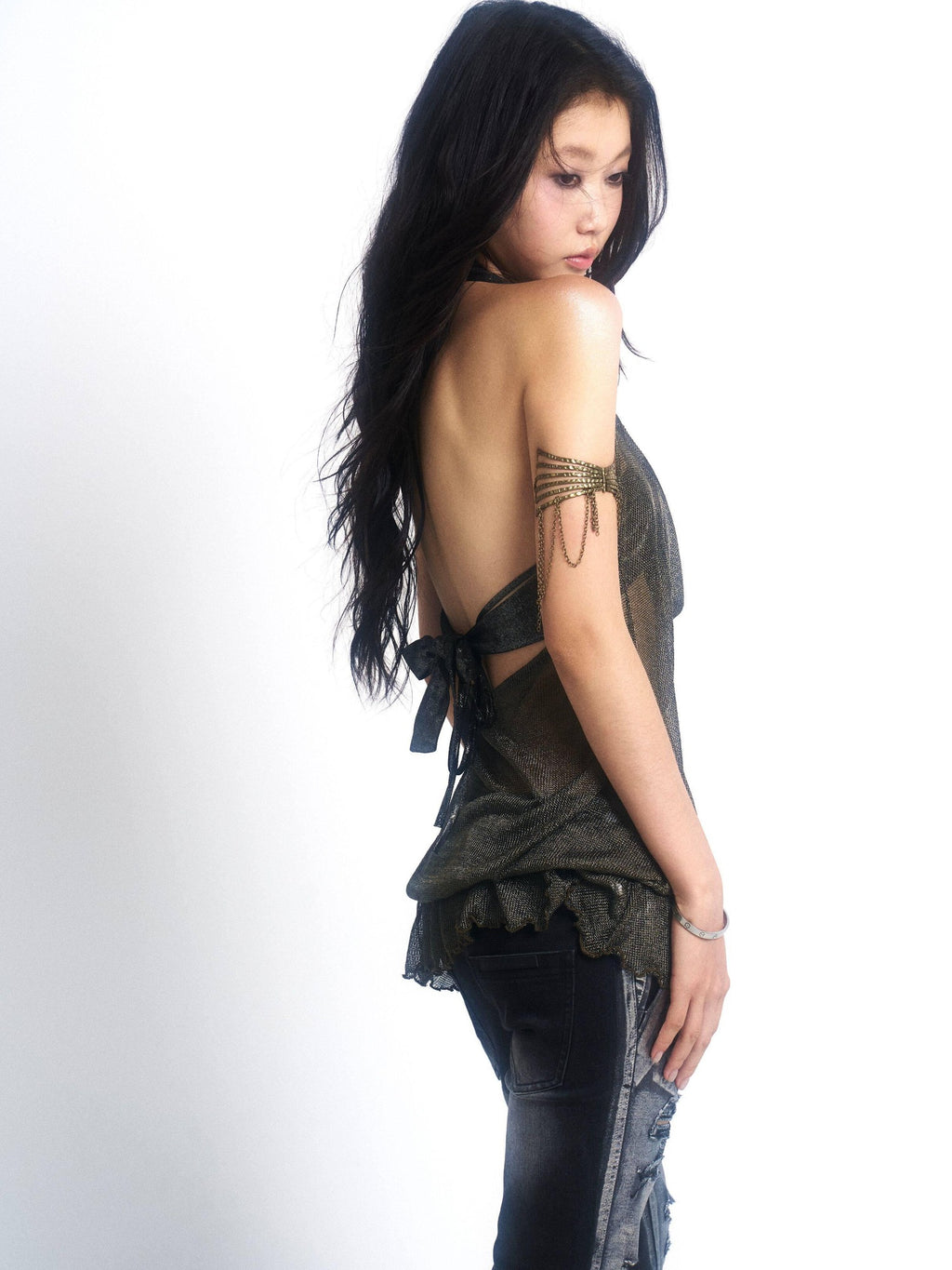 OPEN AESTHETIC Original Design Cutout Halter Loose Two Piece Metallic Women Tank Tops