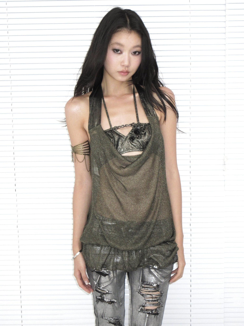 OPEN AESTHETIC Original Design Cutout Halter Loose Two Piece Metallic Women Tank Tops