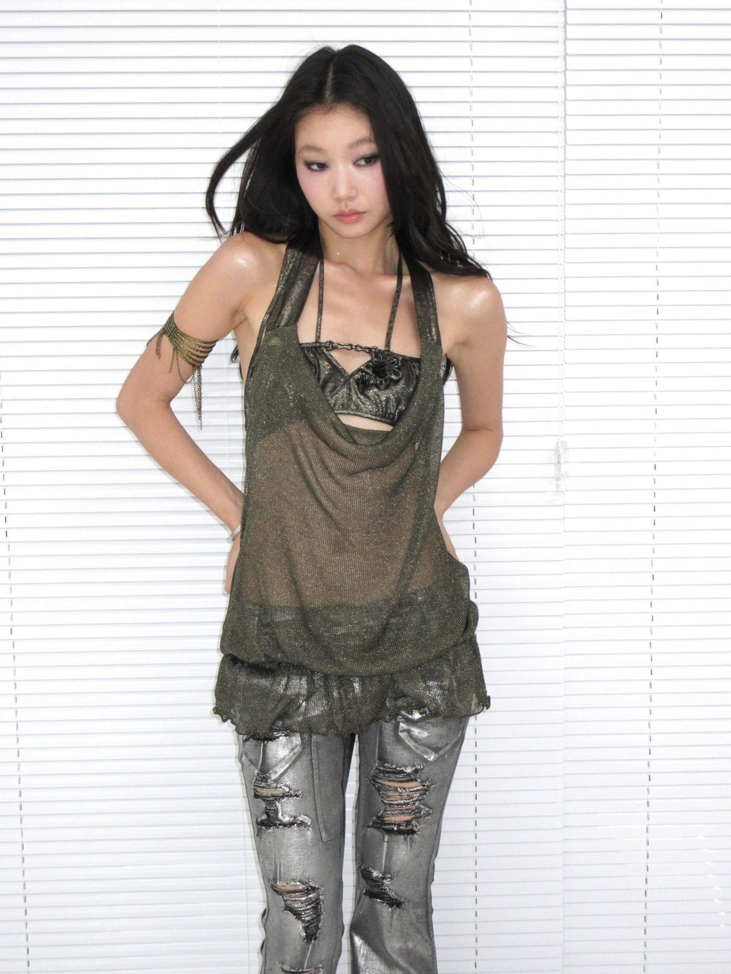 OPEN AESTHETIC Original Design Cutout Halter Loose Two Piece Metallic Women Tank Tops