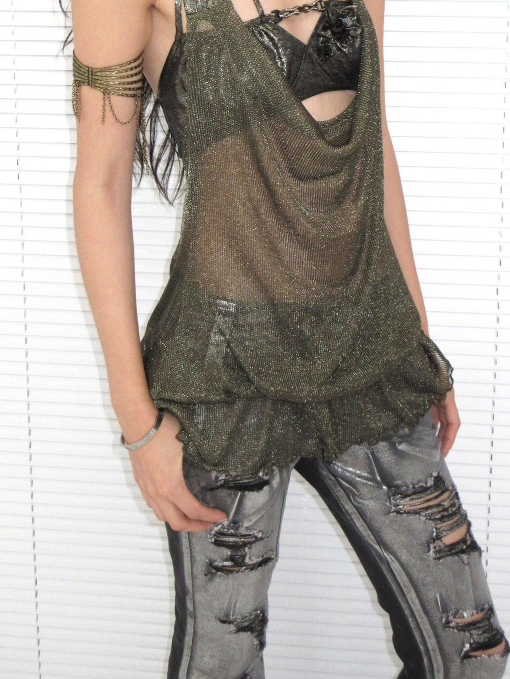 OPEN AESTHETIC Original Design Cutout Halter Loose Two Piece Metallic Women Tank Tops