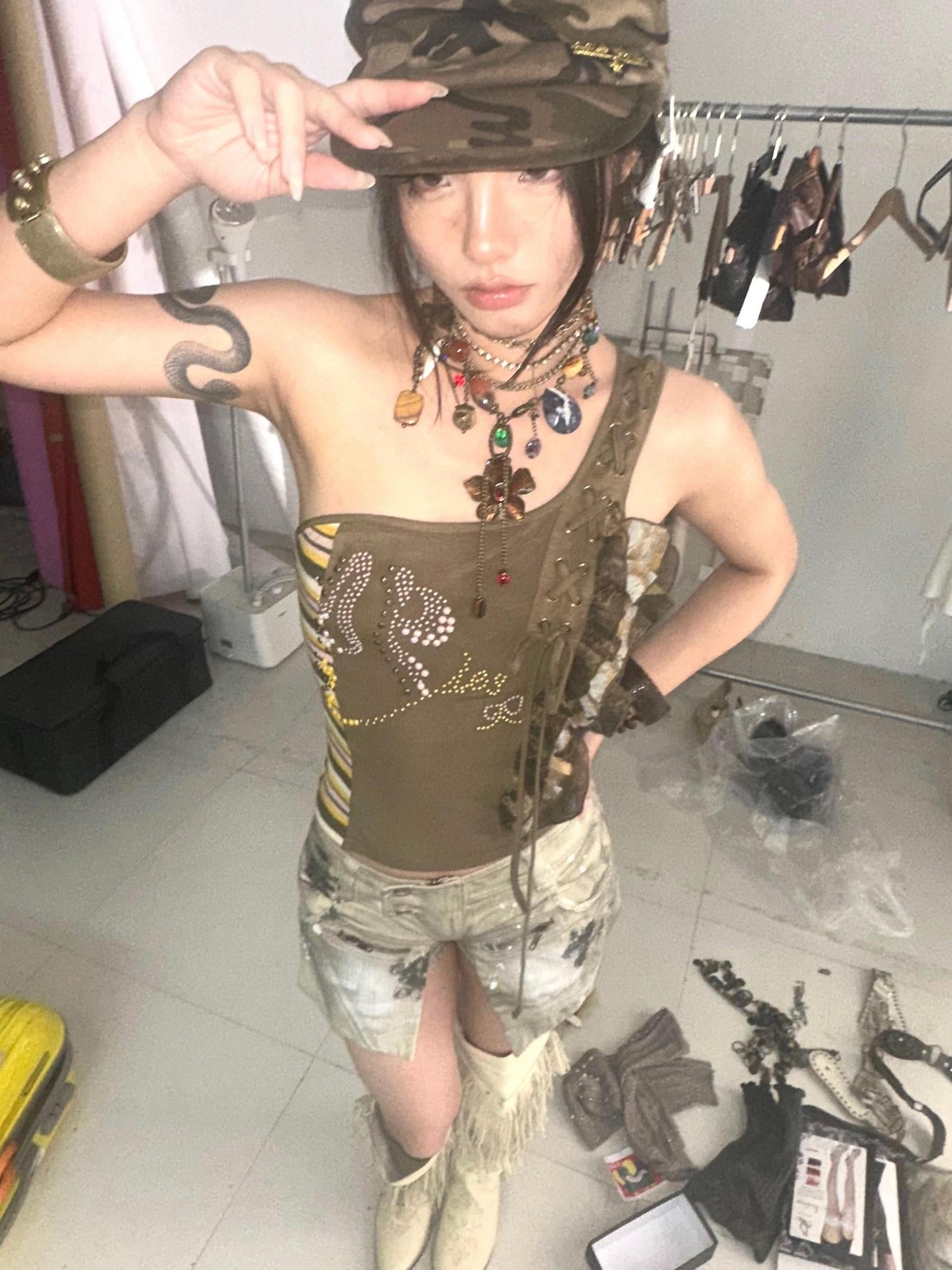 OPEN AESTHETIC Original Design Strappy Regular Length Non Padded Green Women Tank Tops