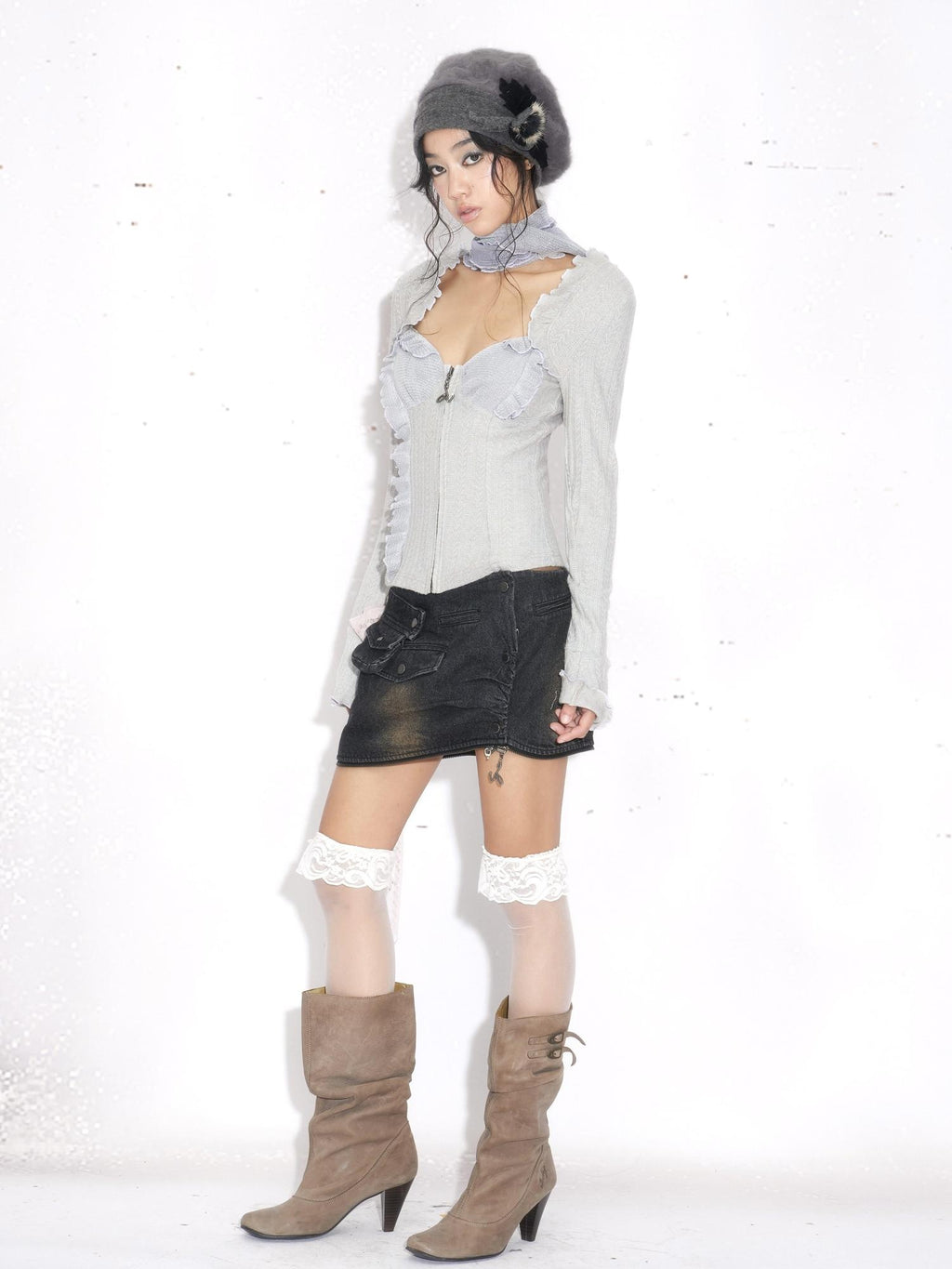 OPEN AESTHETIC Original Ruffle Zip Slim Fit Cotton Knit Women Blue Gray Long Sleeve T-Shirts