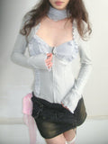 OPEN AESTHETIC Original Ruffle Zip Slim Fit Cotton Knit Women Blue Gray Long Sleeve T-Shirts