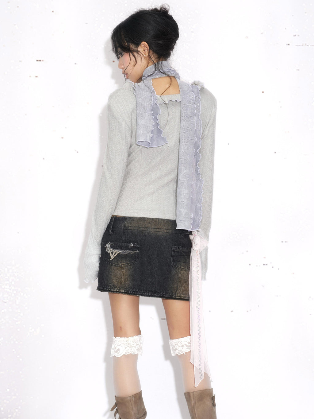 OPEN AESTHETIC Original Ruffle Zip Slim Fit Cotton Knit Women Blue Gray Long Sleeve T-Shirts