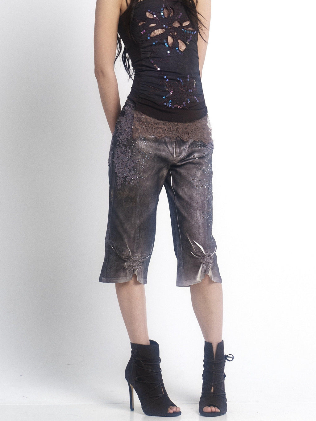 OPEN AESTHETIC Reflective Silver Embroidered Slim Straight Low Rise Bermuda Shorts