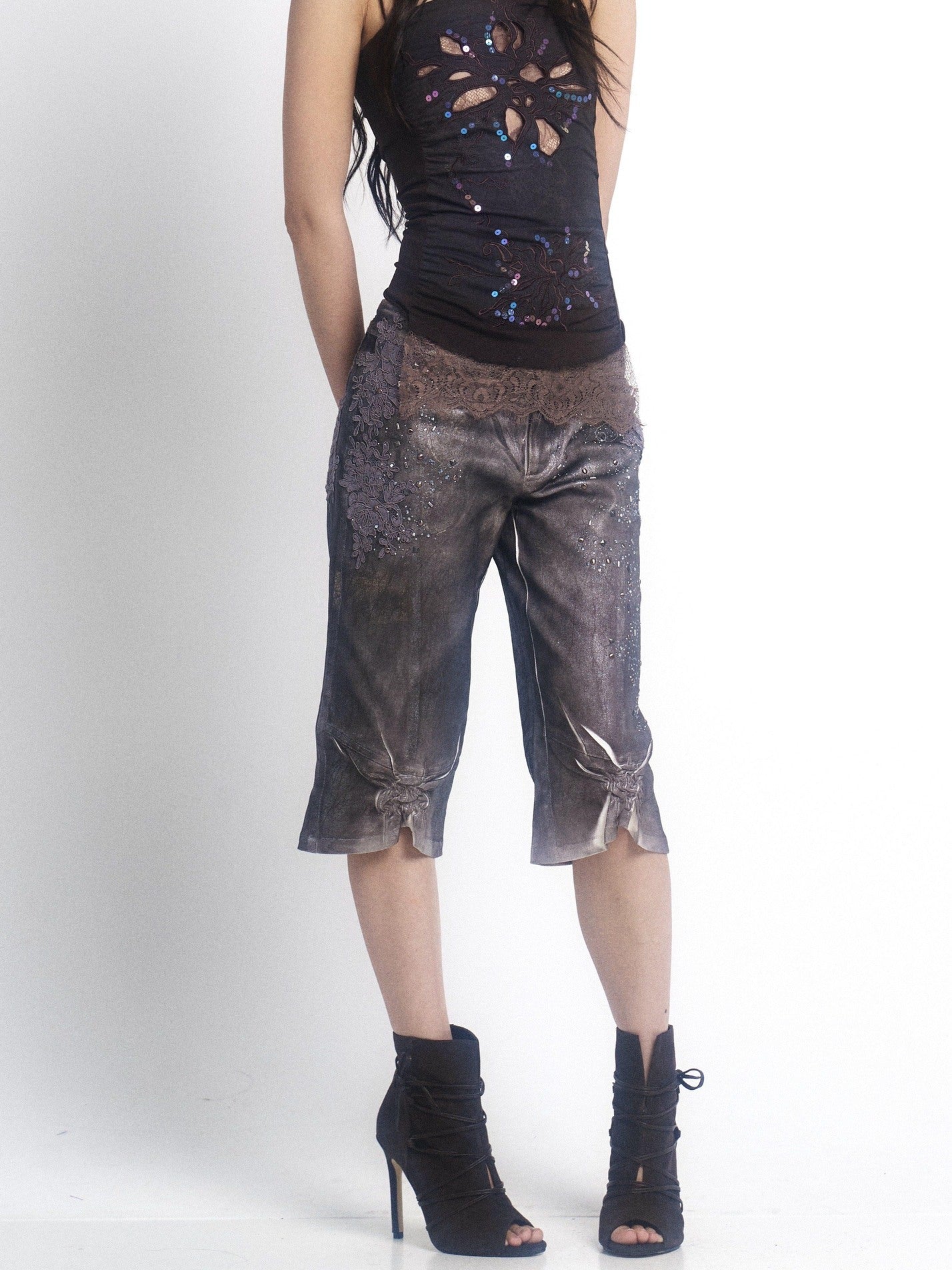 OPEN AESTHETIC Reflective Silver Embroidered Slim Straight Low Rise Bermuda Shorts