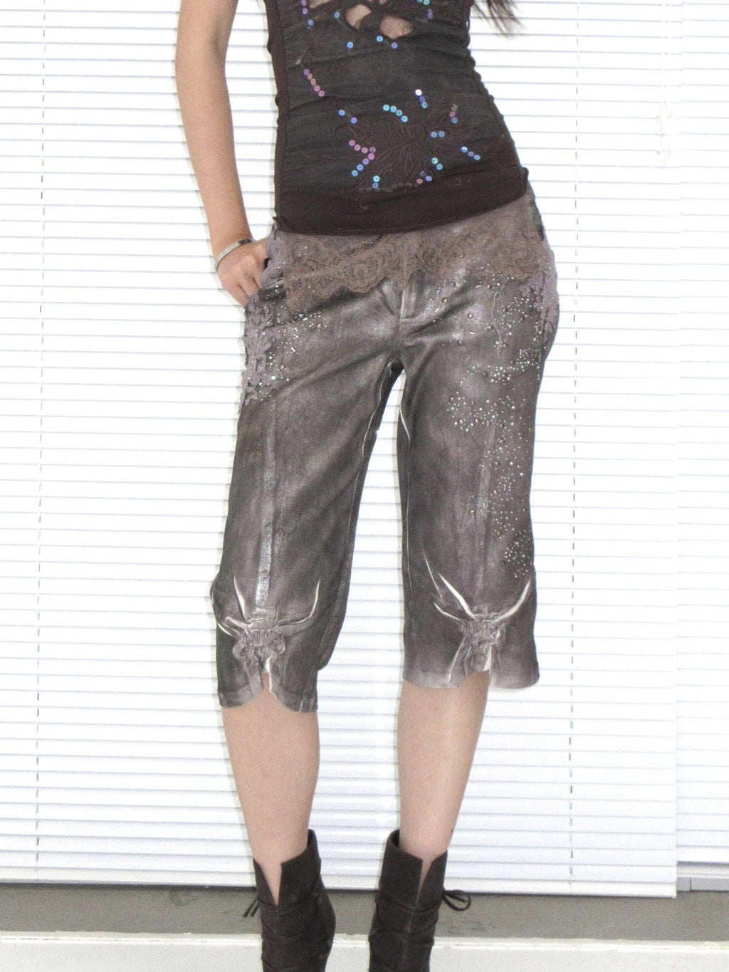 OPEN AESTHETIC Reflective Silver Embroidered Slim Straight Low Rise Bermuda Shorts