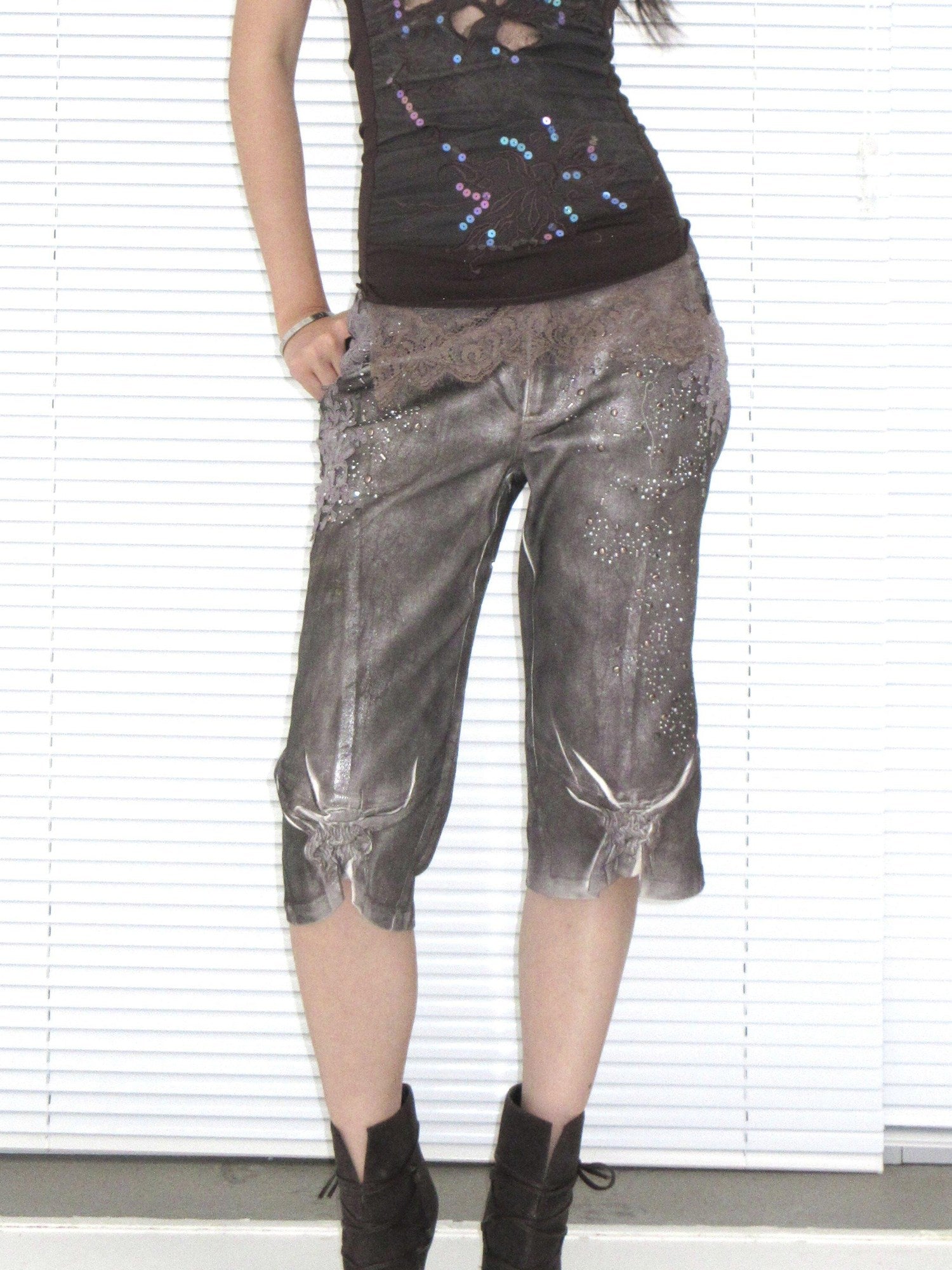 OPEN AESTHETIC Reflective Silver Embroidered Slim Straight Low Rise Bermuda Shorts