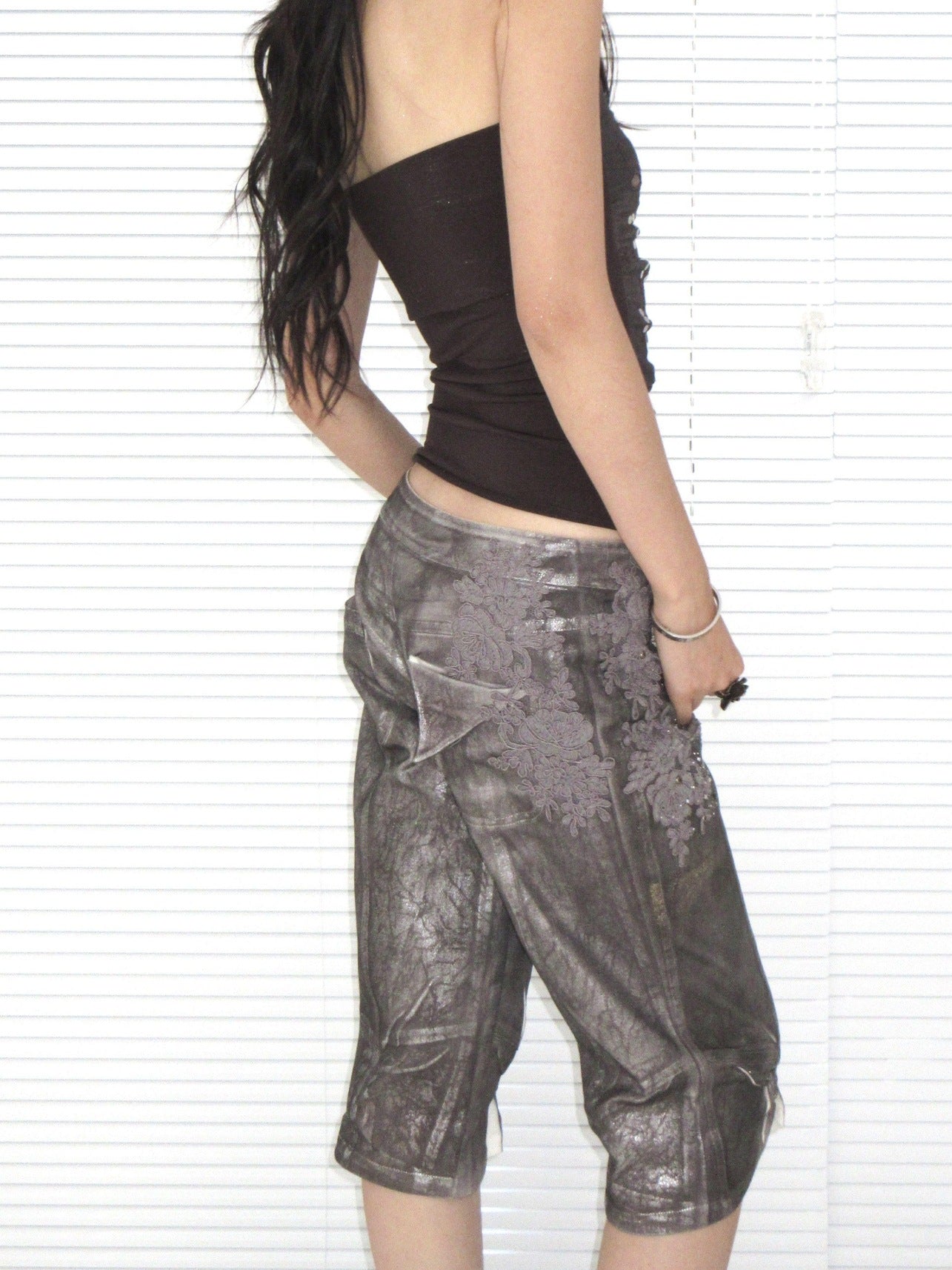 OPEN AESTHETIC Reflective Silver Embroidered Slim Straight Low Rise Bermuda Shorts
