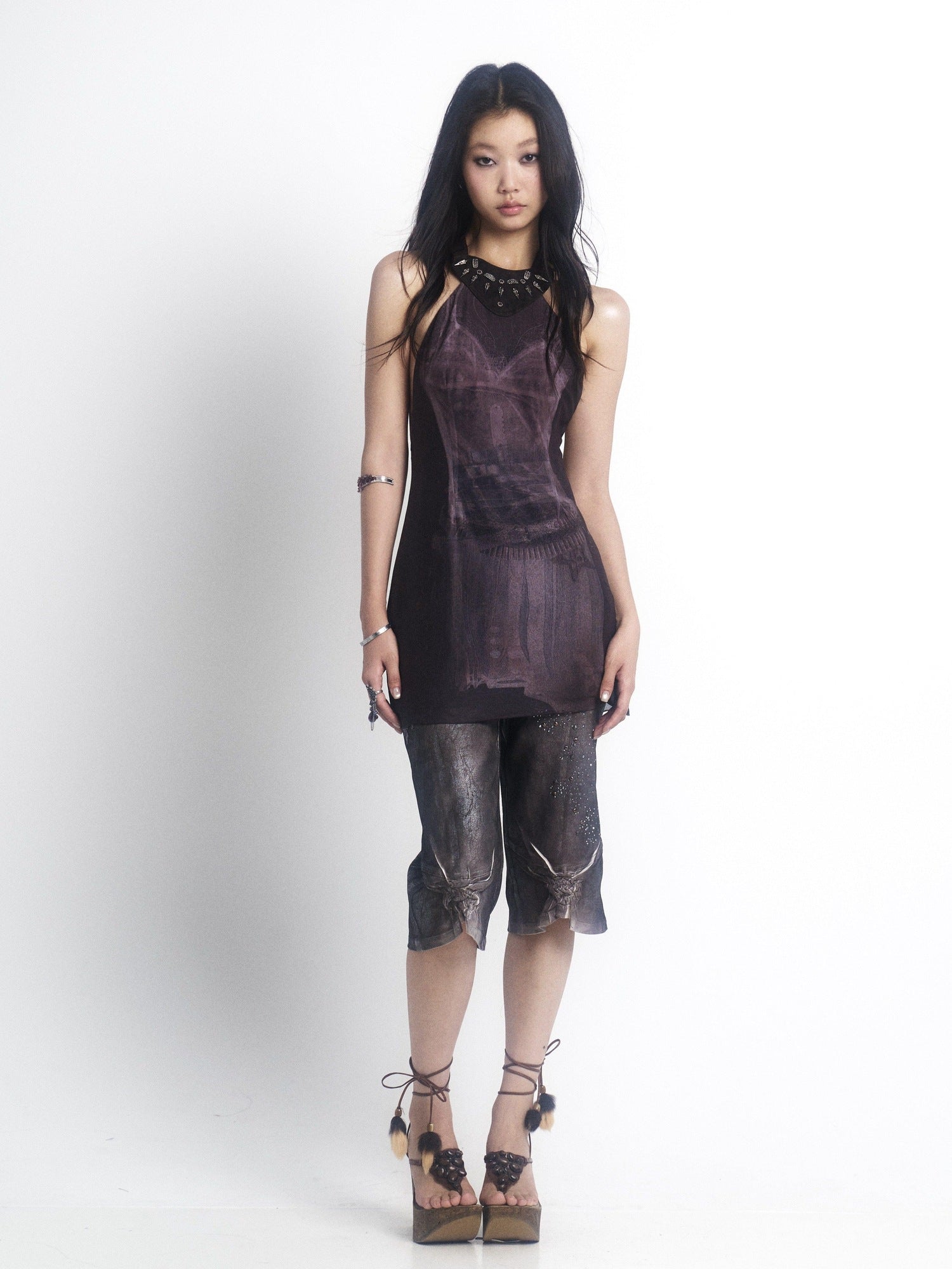OPEN AESTHETIC Reflective Silver Embroidered Slim Straight Low Rise Bermuda Shorts