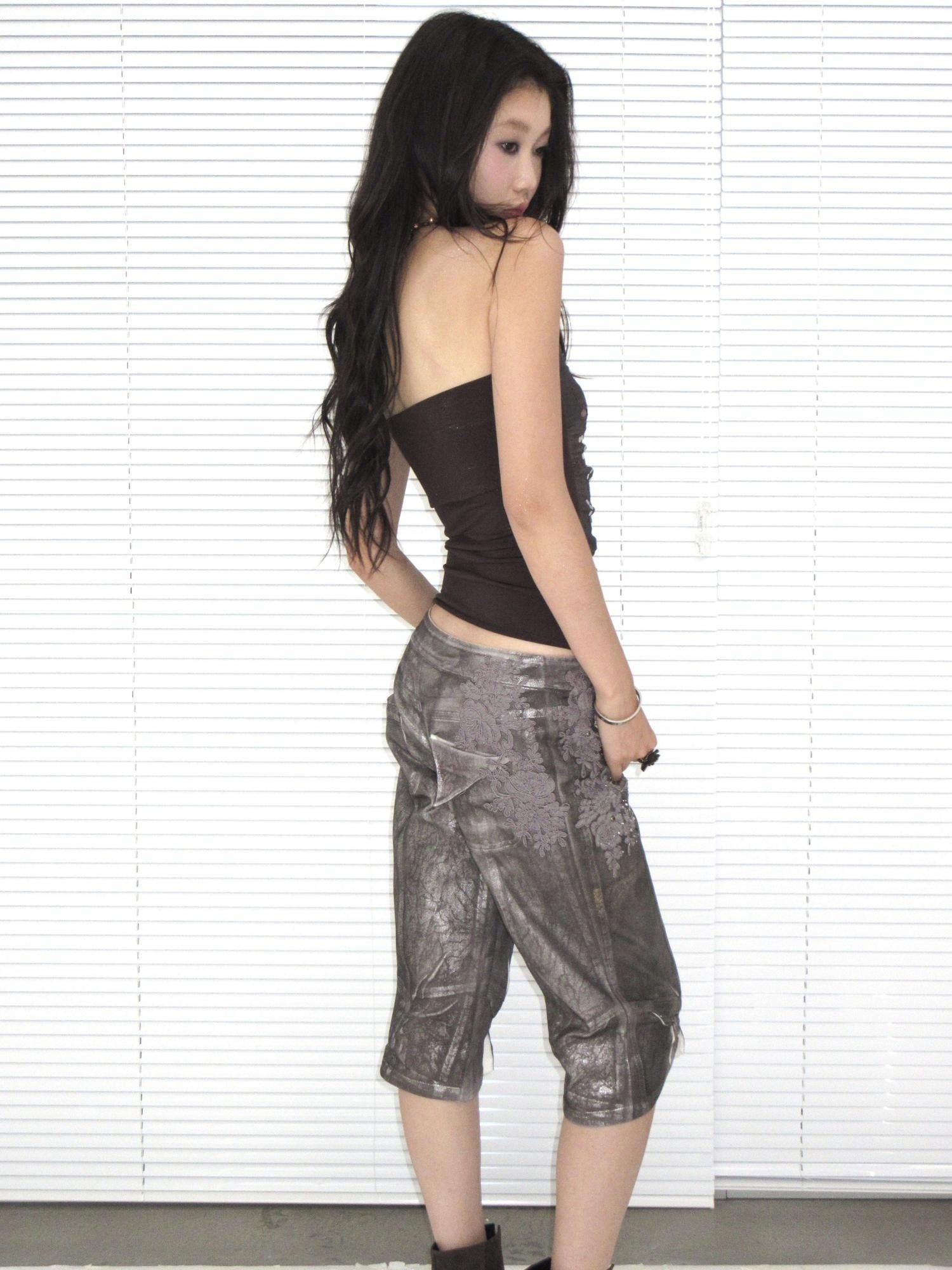 OPEN AESTHETIC Reflective Silver Embroidered Slim Straight Low Rise Bermuda Shorts