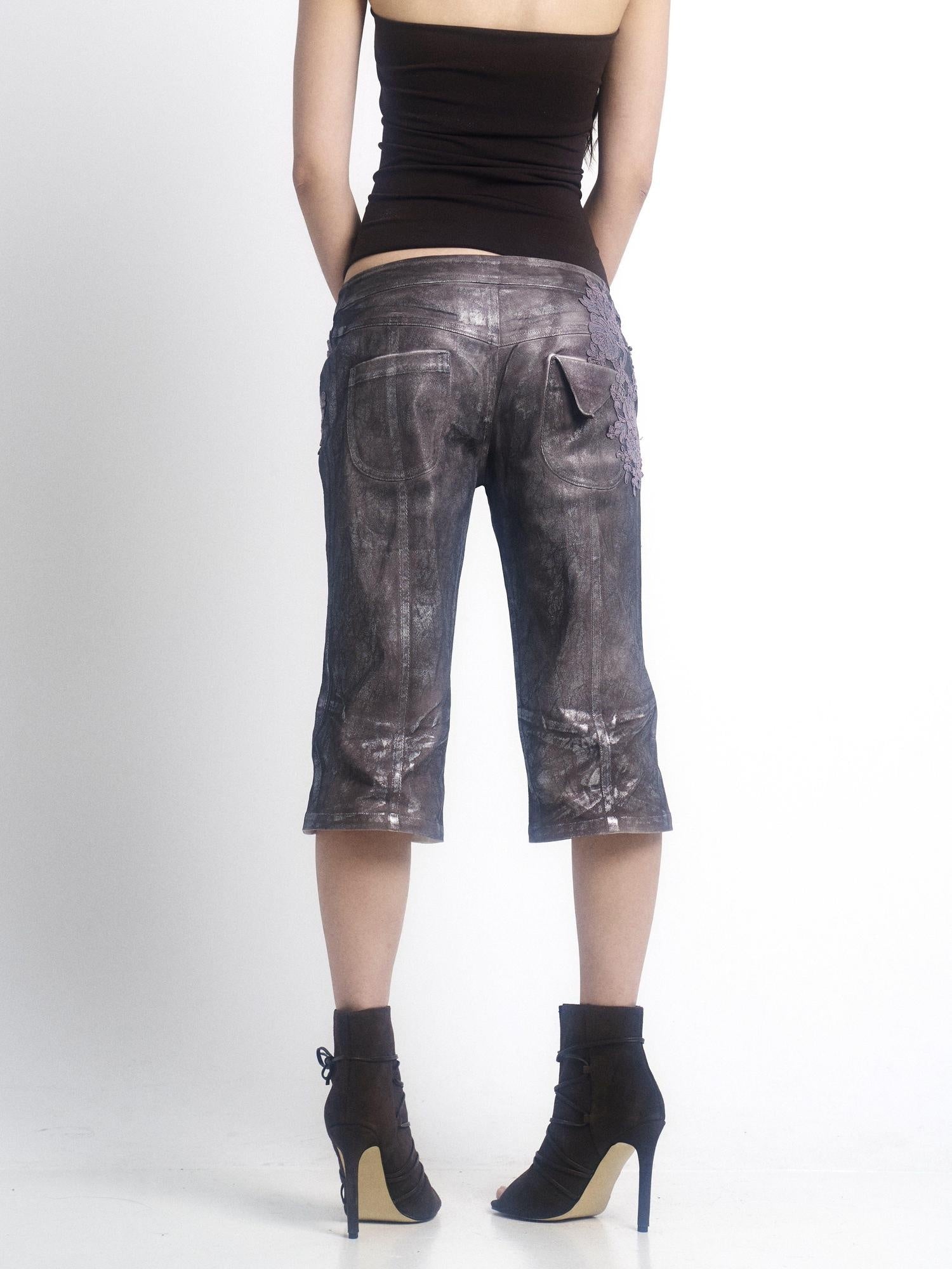 OPEN AESTHETIC Reflective Silver Embroidered Slim Straight Low Rise Bermuda Shorts