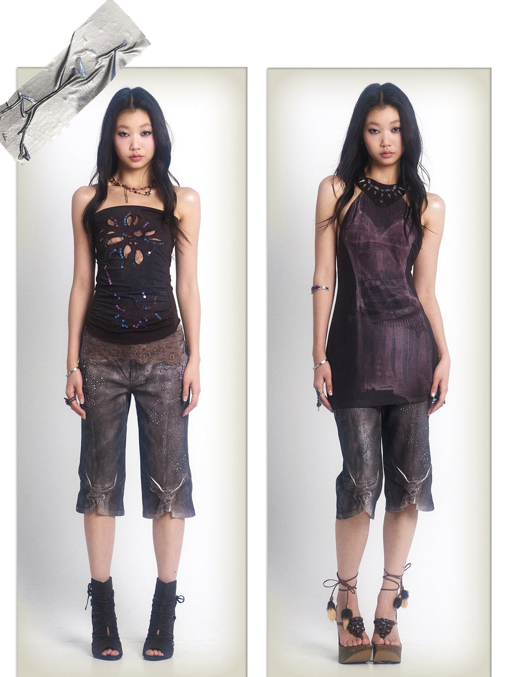 OPEN AESTHETIC Reflective Silver Embroidered Slim Straight Low Rise Bermuda Shorts