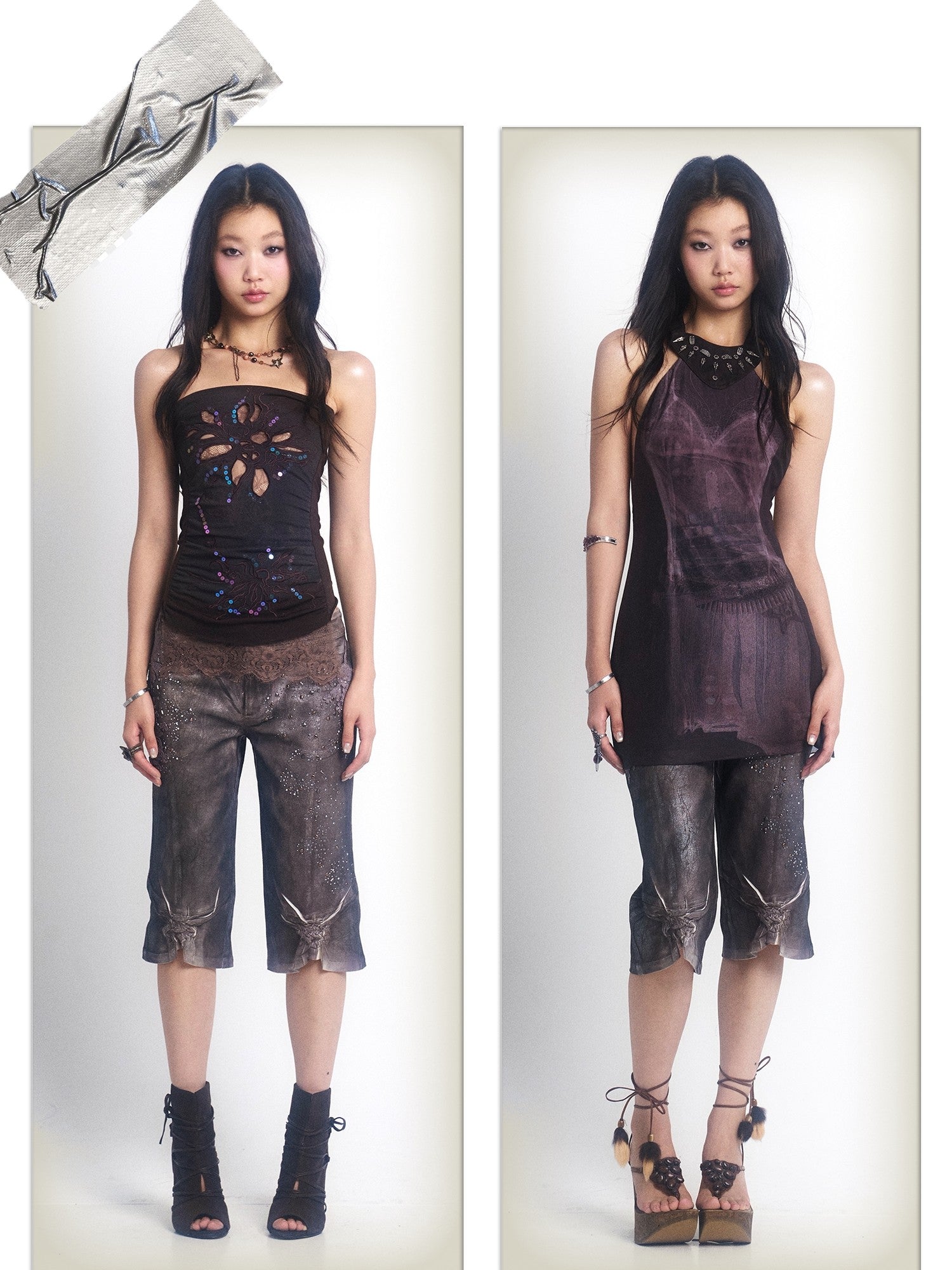 OPEN AESTHETIC Reflective Silver Embroidered Slim Straight Low Rise Bermuda Shorts
