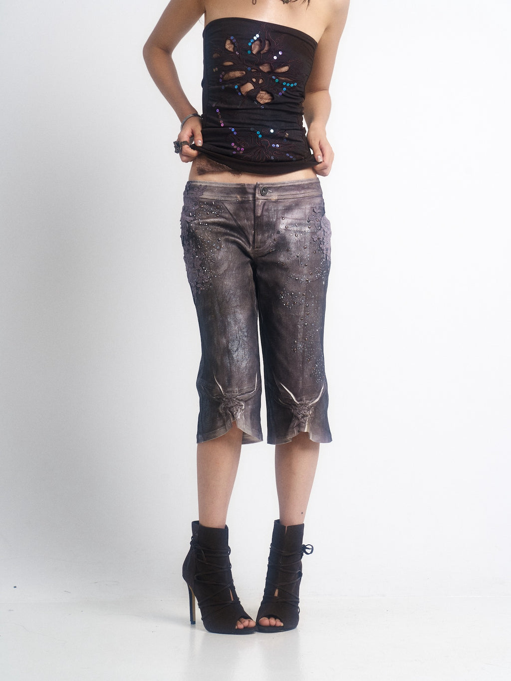 OPEN AESTHETIC Reflective Silver Embroidered Slim Straight Low Rise Bermuda Shorts