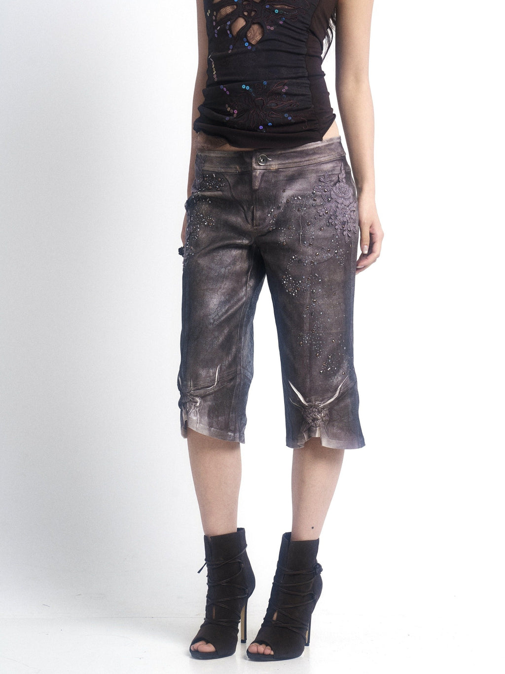 OPEN AESTHETIC Reflective Silver Embroidered Slim Straight Low Rise Bermuda Shorts