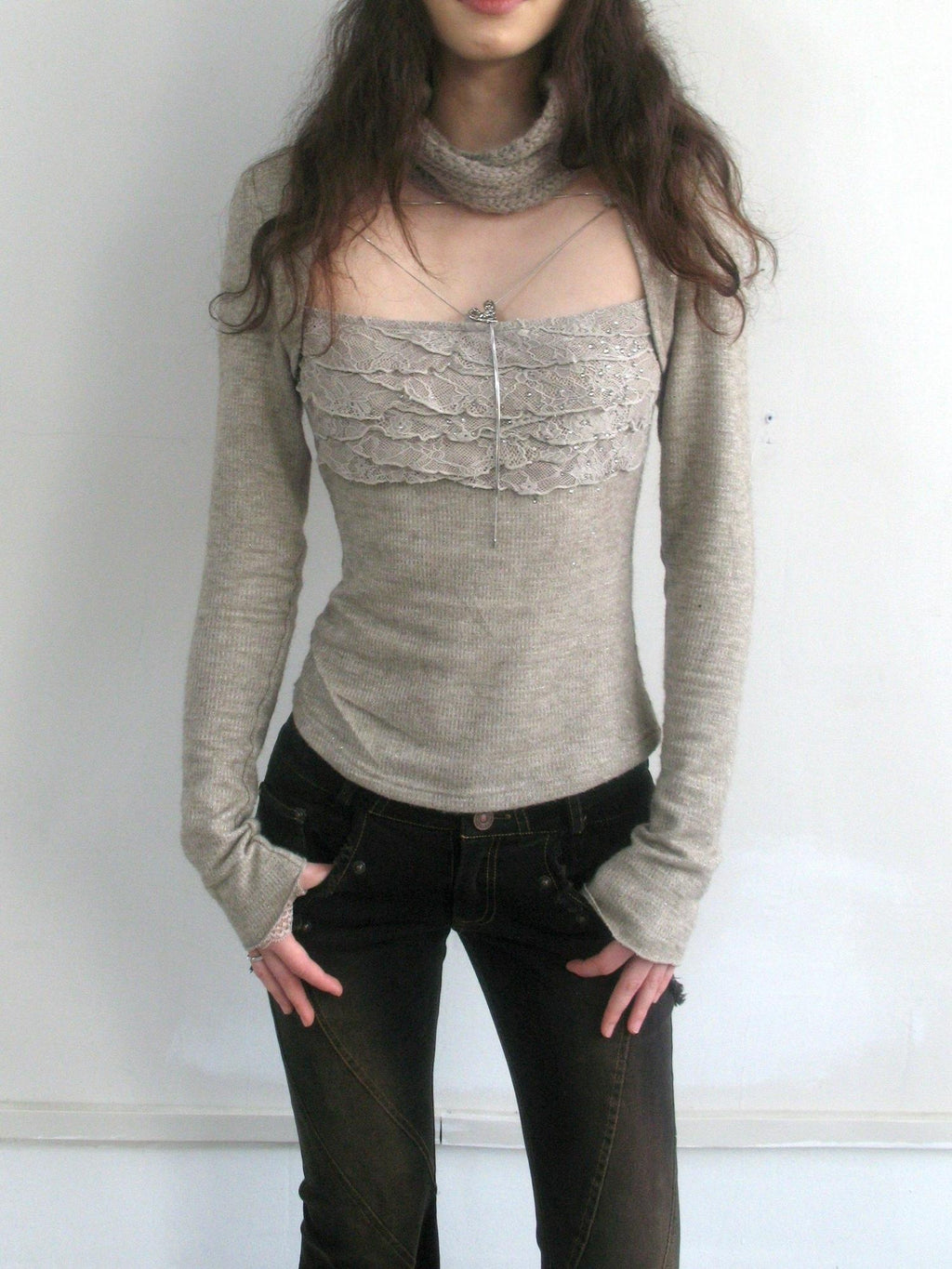 OPEN AESTHETIC Rhinestone Lace Slim Cotton Knit Casual Womens Khaki Long Sleeve T-Shirts
