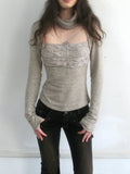 OPEN AESTHETIC Rhinestone Lace Slim Cotton Knit Casual Womens Khaki Long Sleeve T-Shirts