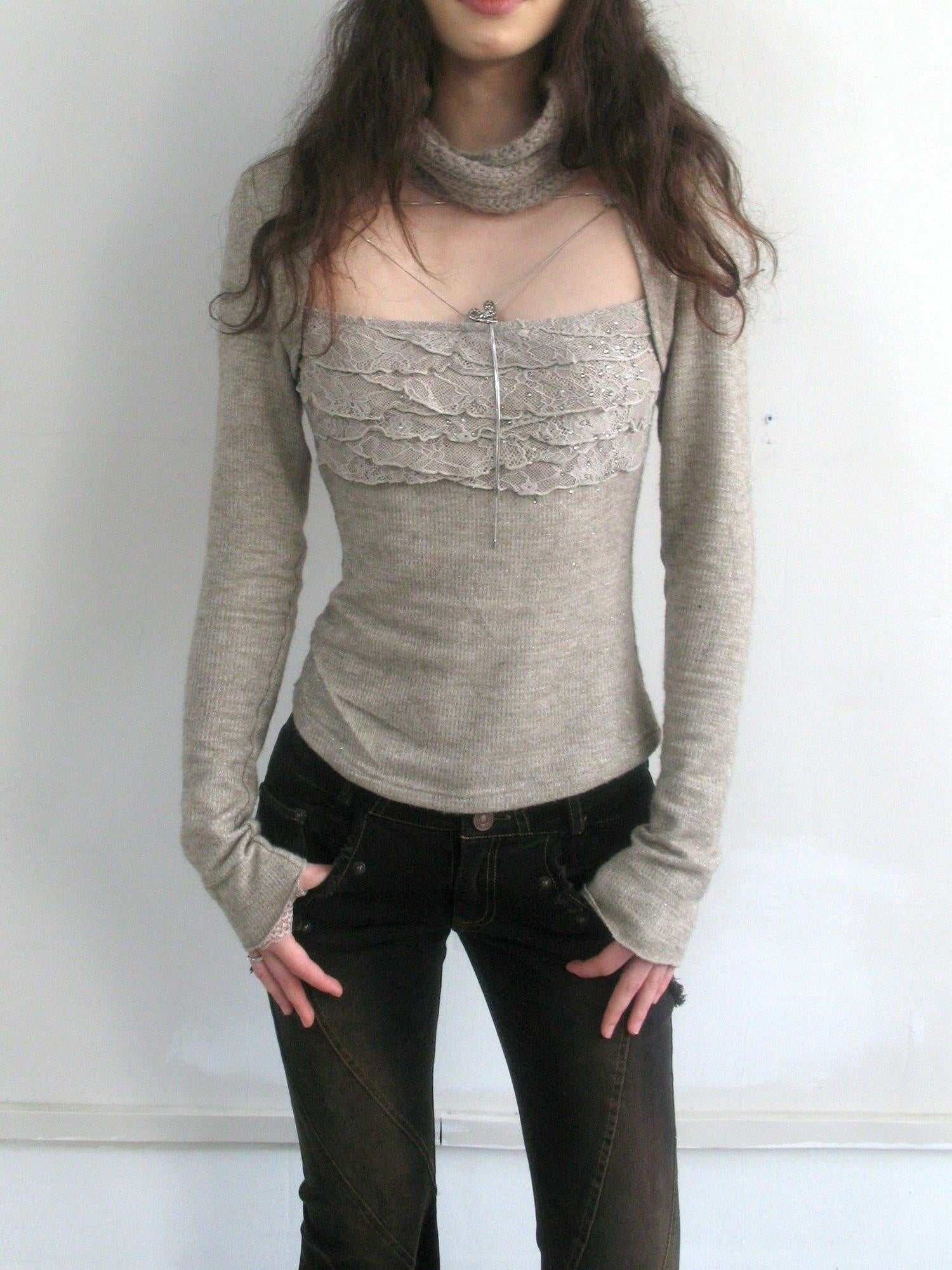 OPEN AESTHETIC Rhinestone Lace Slim Cotton Knit Casual Womens Khaki Long Sleeve T-Shirts