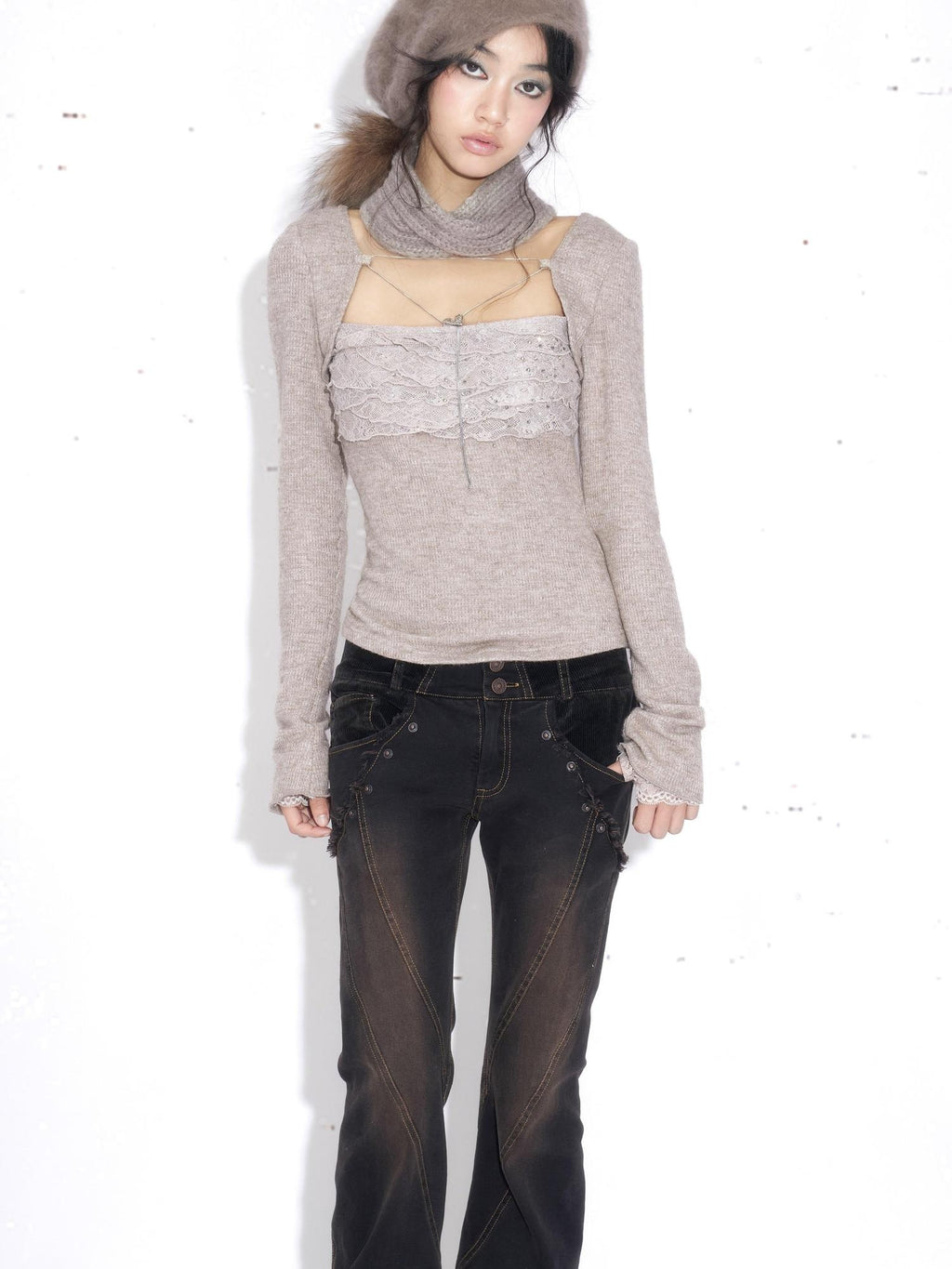 OPEN AESTHETIC Rhinestone Lace Slim Cotton Knit Casual Womens Khaki Long Sleeve T-Shirts