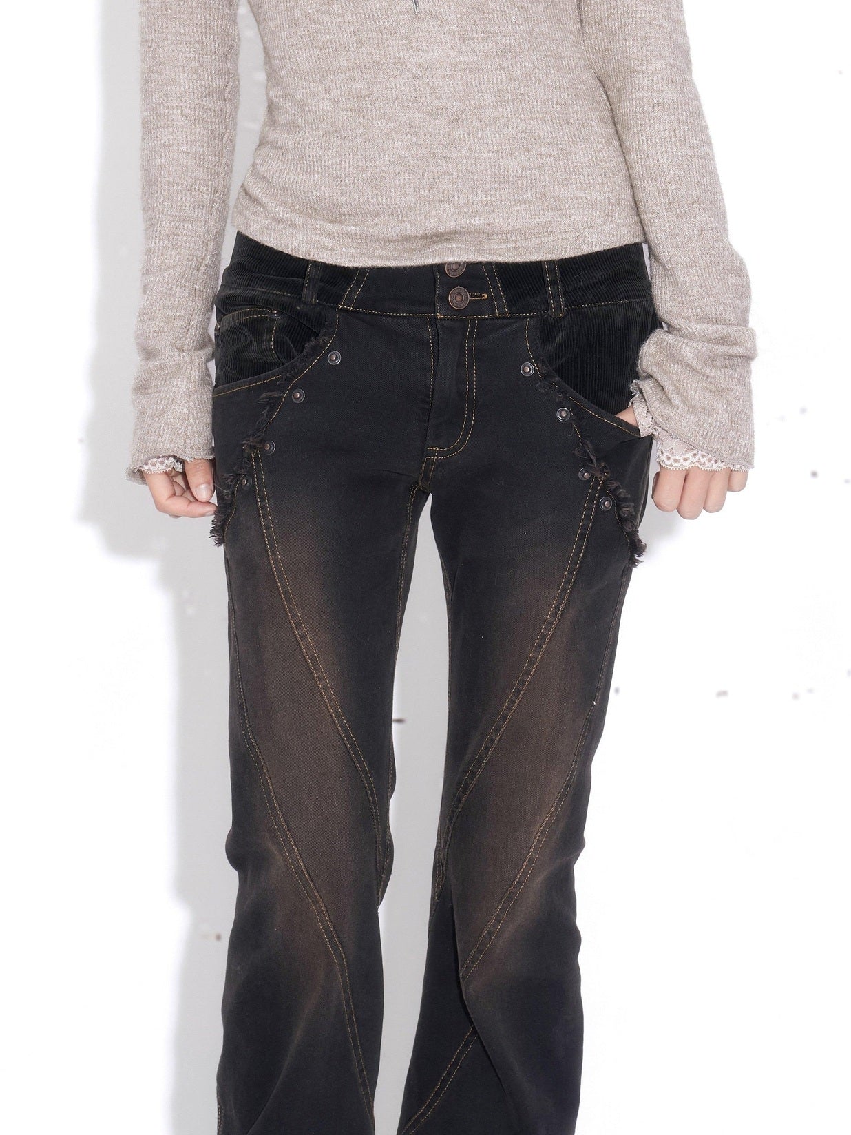 OPEN AESTHETIC Rhinestone Lace Slim Cotton Knit Casual Womens Khaki Long Sleeve T-Shirts