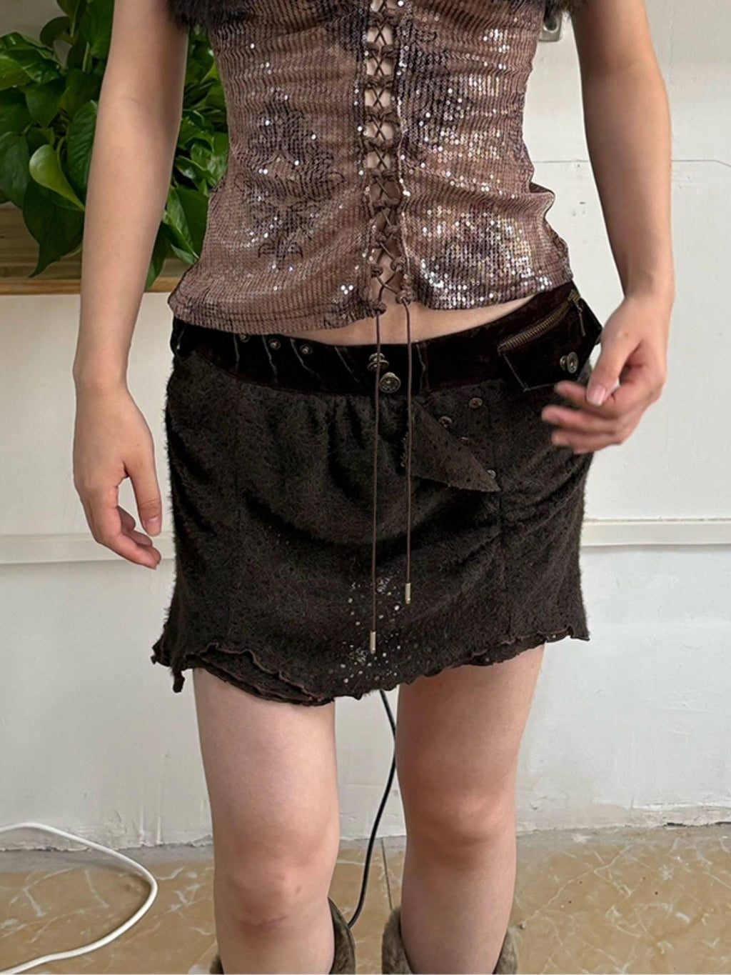 OPEN AESTHETIC Sequin Embroidered Printed Retro Camisole Two Piece Casual Women Polyester Vests