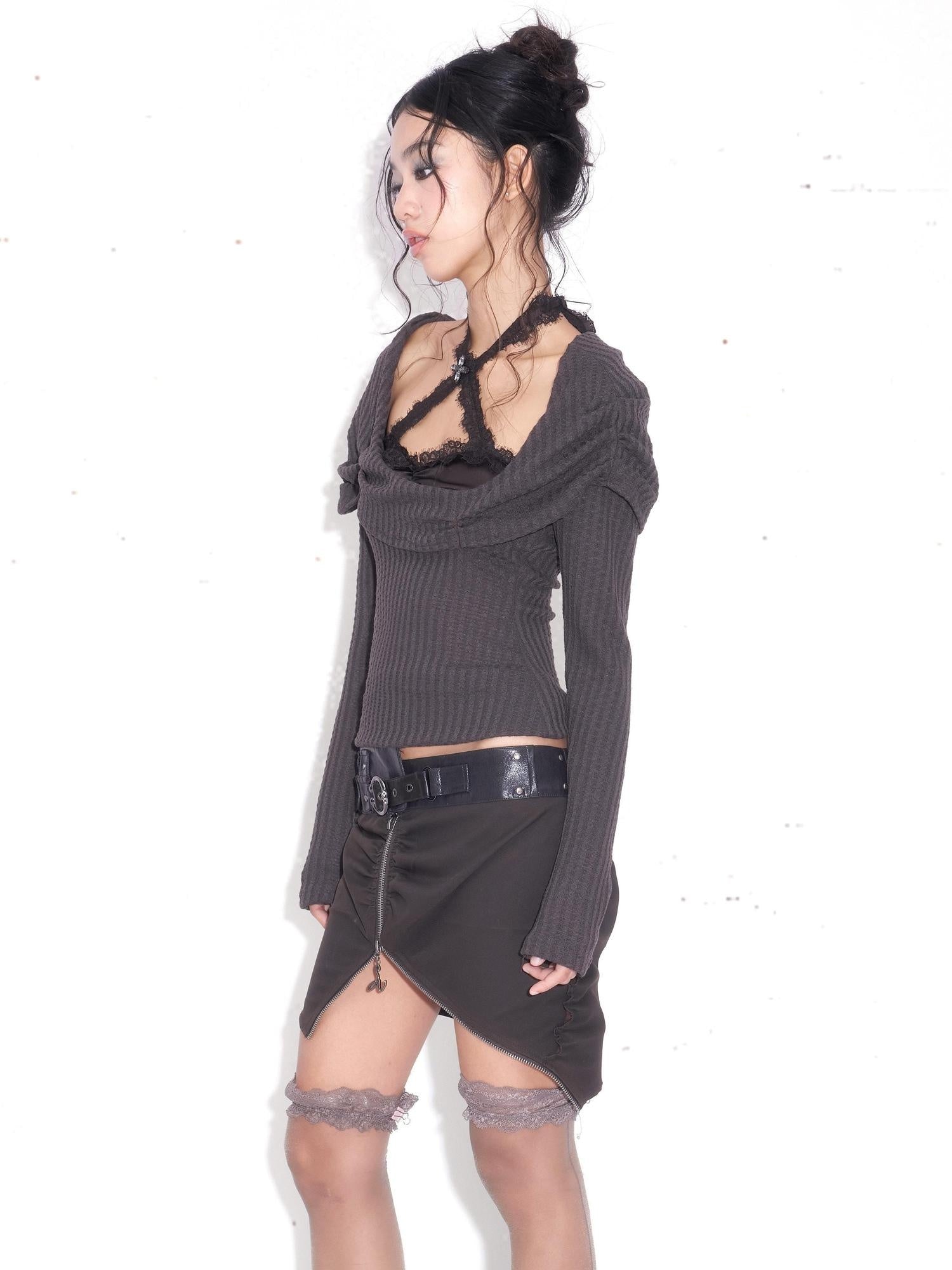 OPEN AESTHETIC Sexy Lace Halter Two Piece Strappy Dark Purple Women Long Sleeve T-Shirts