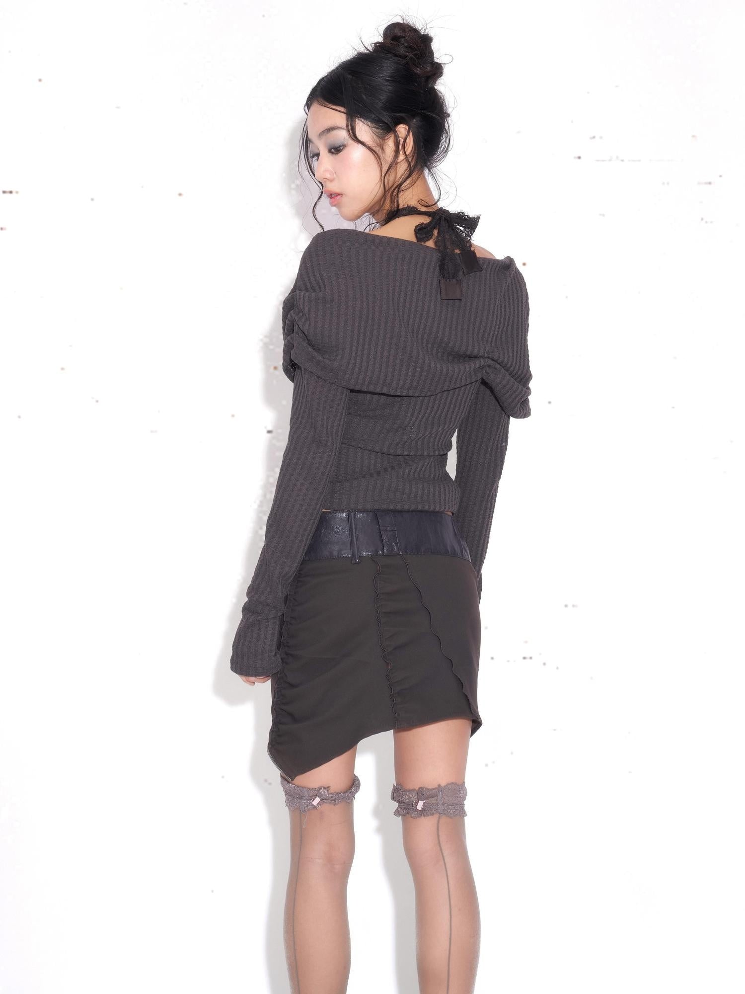 OPEN AESTHETIC Sexy Lace Halter Two Piece Strappy Dark Purple Women Long Sleeve T-Shirts