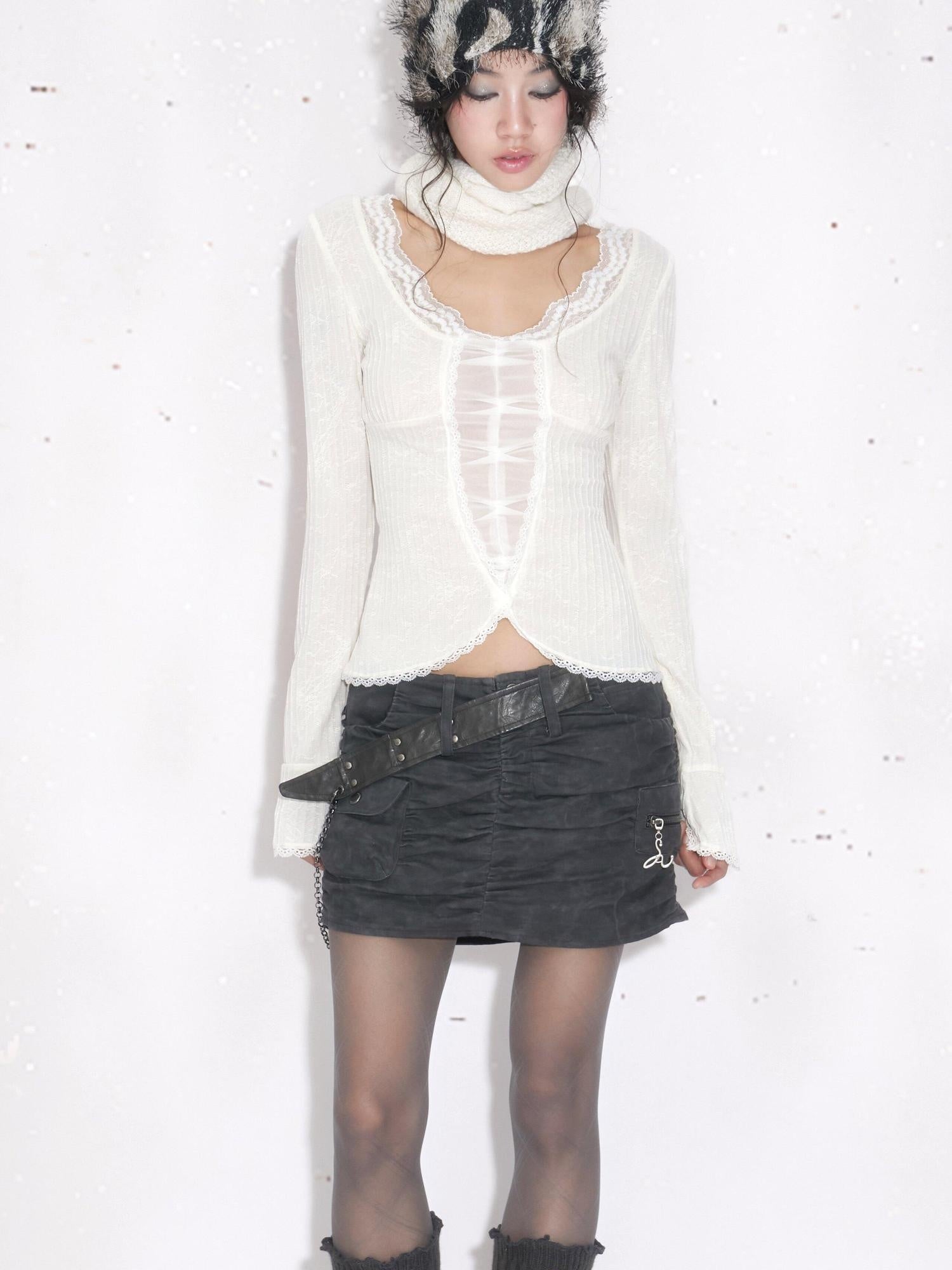 OPEN AESTHETIC Sexy Low Waist Bodycon Pleated Pocket Women Street Dance Dark Gray Mini Skirts