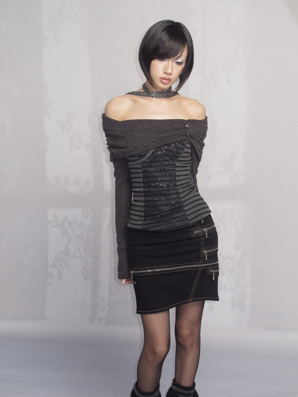 OPEN AESTHETIC Sexy Multi Zip Leather Patchwork Mid Waist Bodycon Women Midi Skirts